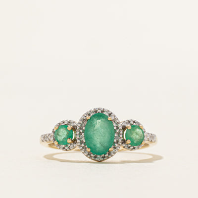 Three Stone Emerald & Diamond Halo Ring | 0.85ctw, 0.06ctw | SZ 7