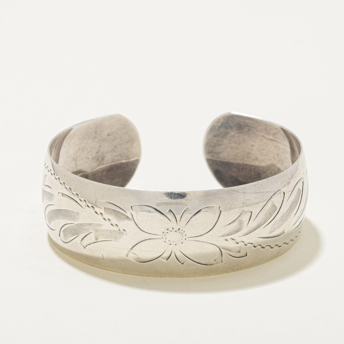 Sterling Silver Floral Engraved Cuff Bracelet | 6"
