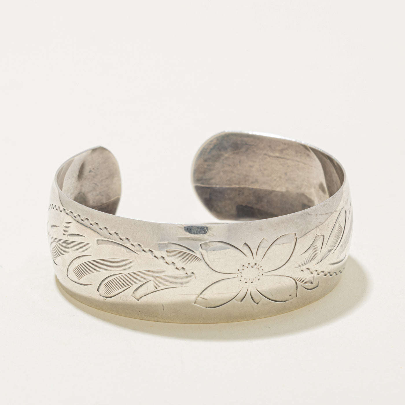 Sterling Silver Floral Engraved Cuff Bracelet | 6"