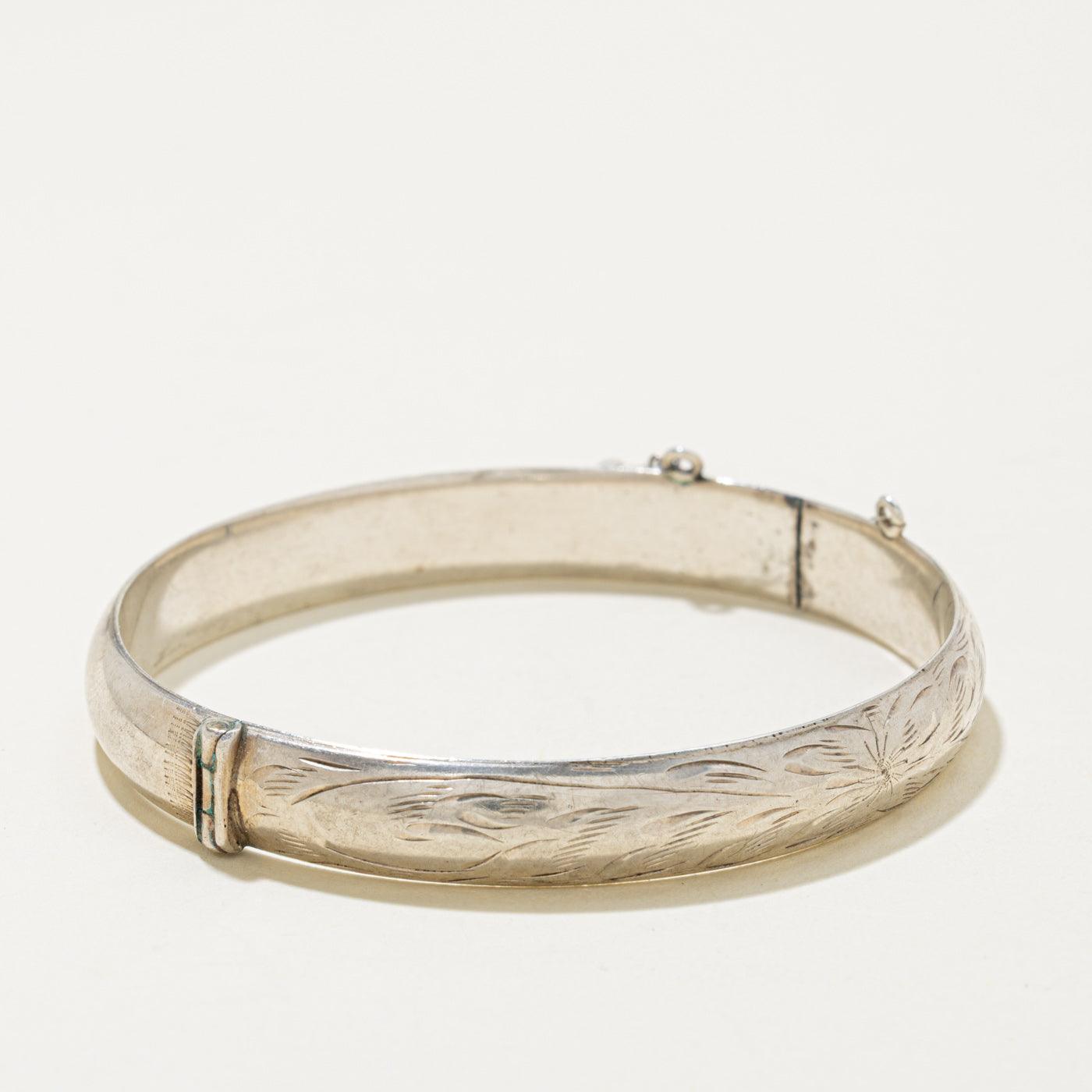 Sterling Silver Floral Engraved Bangle Bracelet | 7"