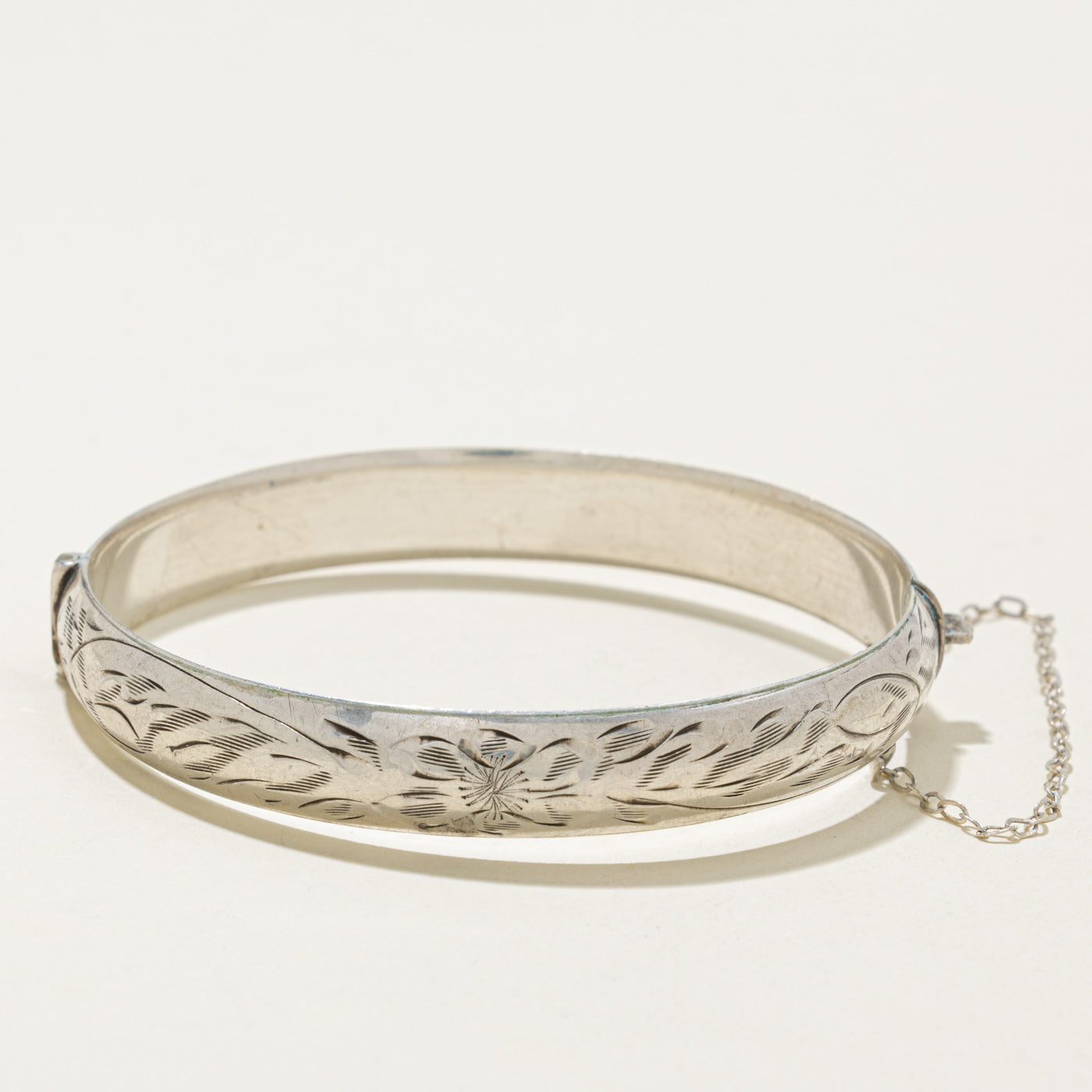 Sterling Silver Floral Engraved Bangle Bracelet | 7"