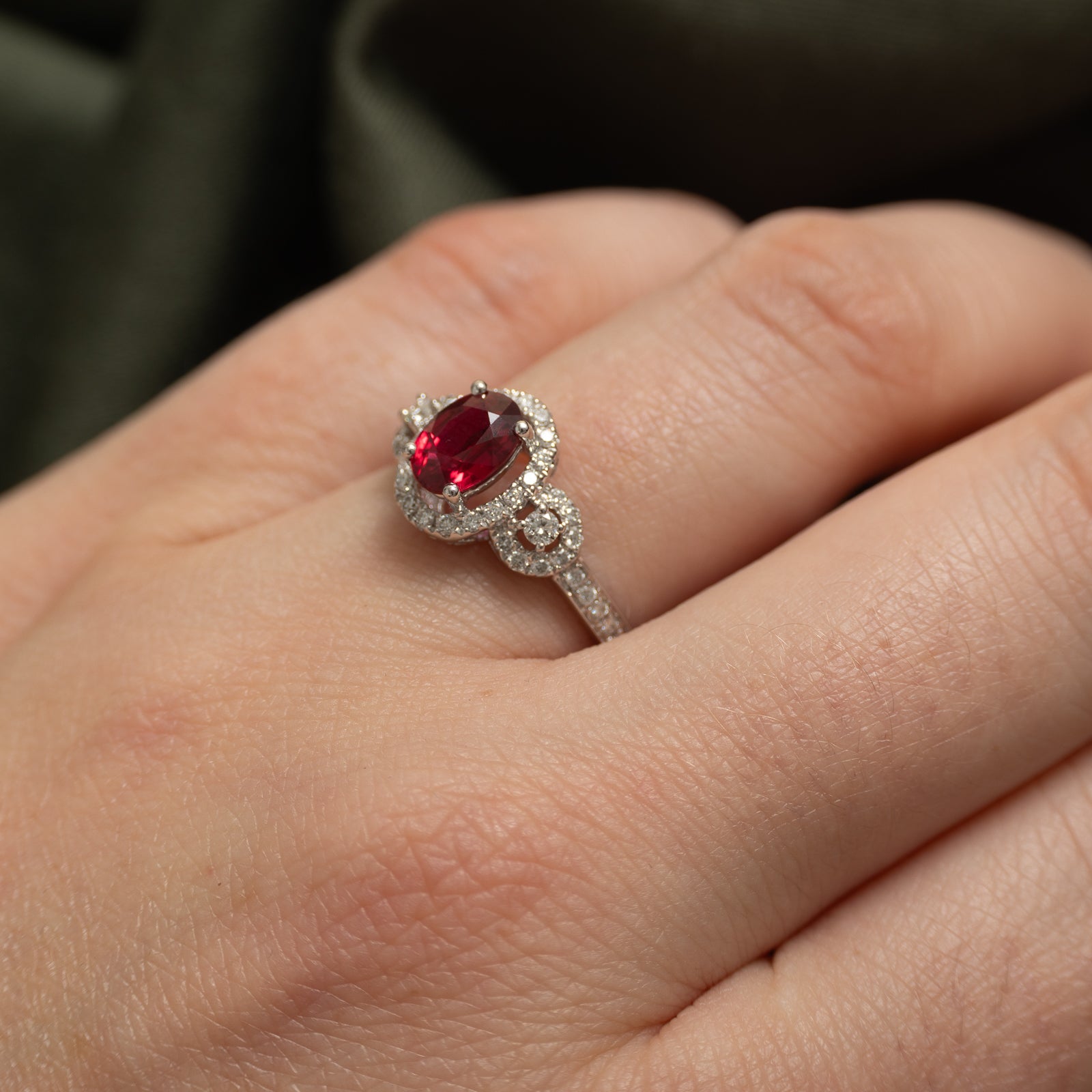 Unheated Vivid Purplish Red Ruby & Diamond Halo Ring | 0.91ct | 0.36ct | SZ 6.5