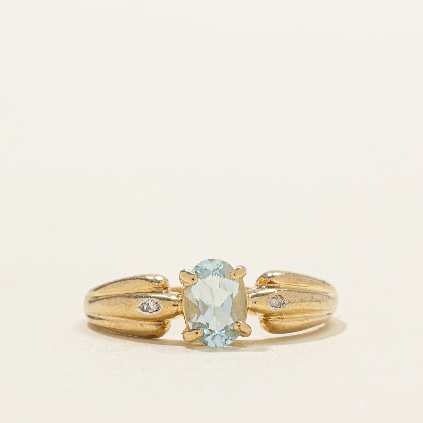 Oval Cut Blue Topaz & Diamond Grooved Ring | SZ 7.0