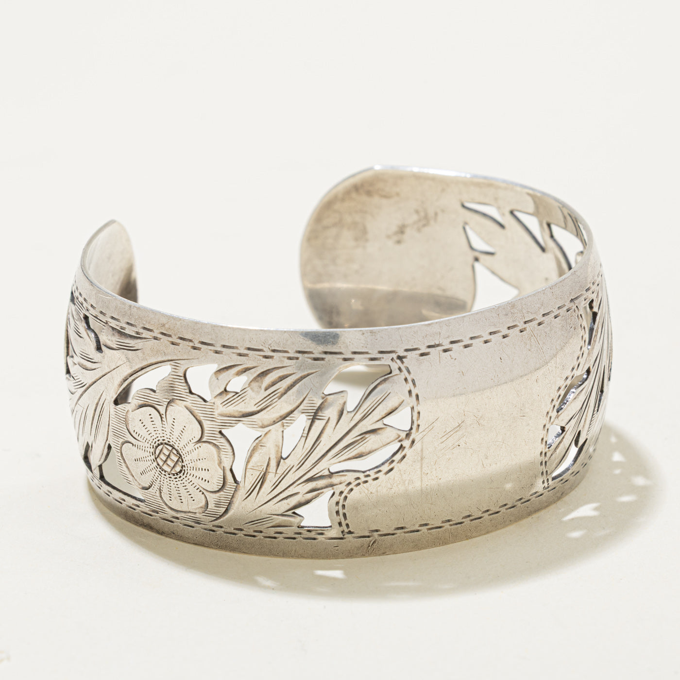 Sterling Silver Floral Engraved Openwork Cuff Bracelet | 6.25"