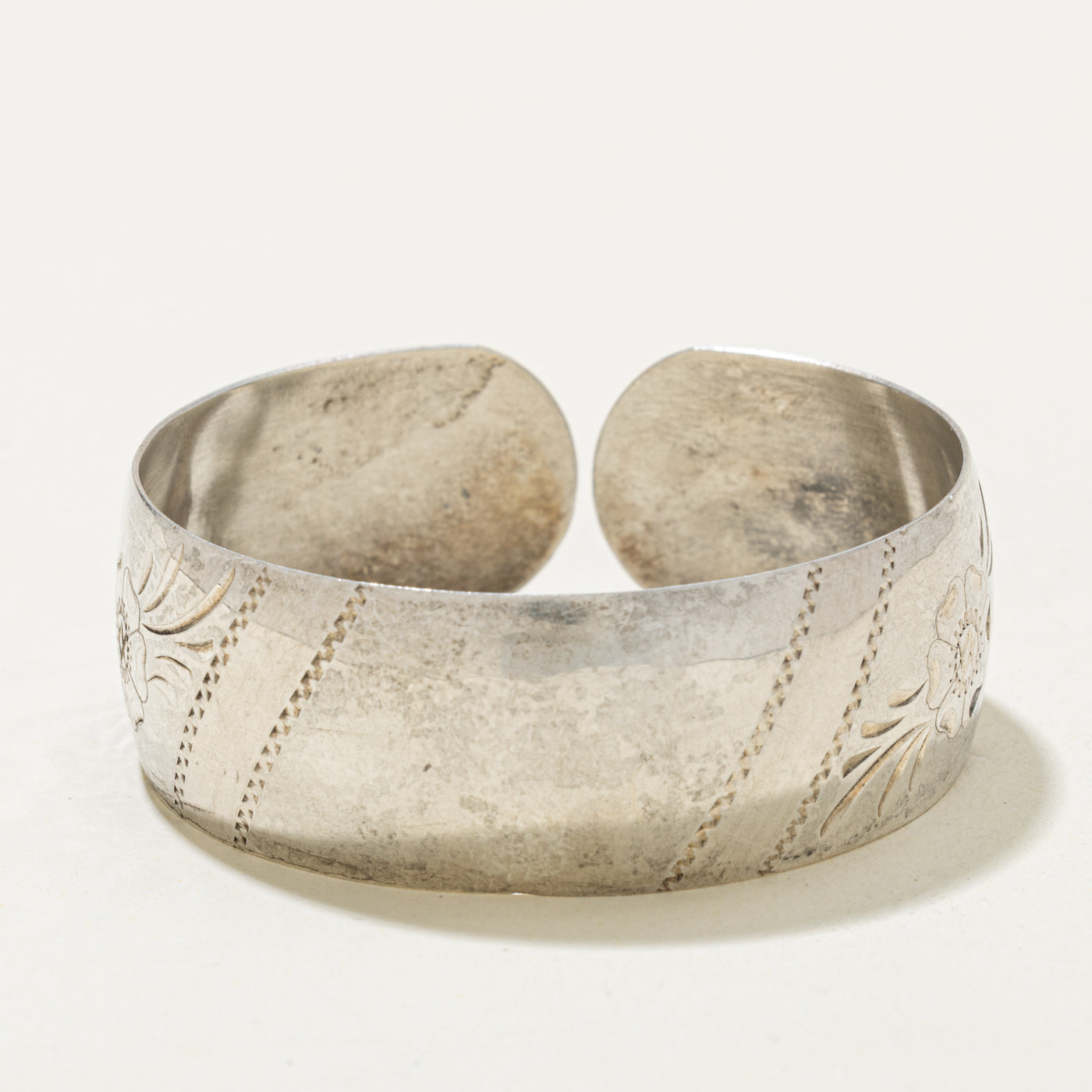 Sterling Silver Floral Engraved Cuff Bracelet | 6"