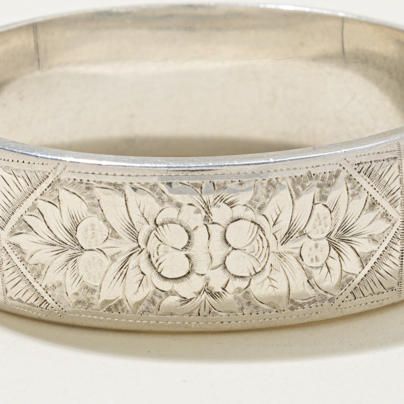 ‘Birks’ Sterling Silver Floral Engraved Bangle Bracelet | 7"
