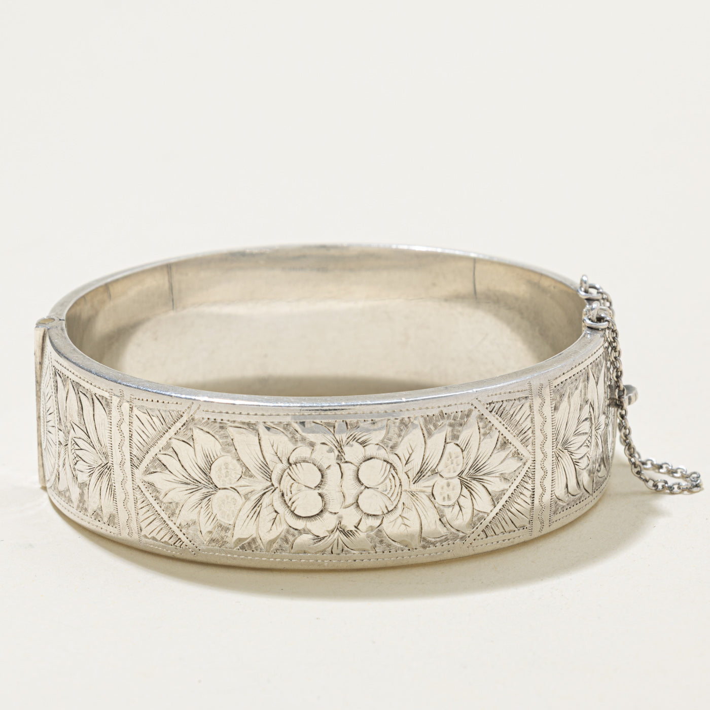 ‘Birks’ Sterling Silver Floral Engraved Bangle Bracelet | 7"