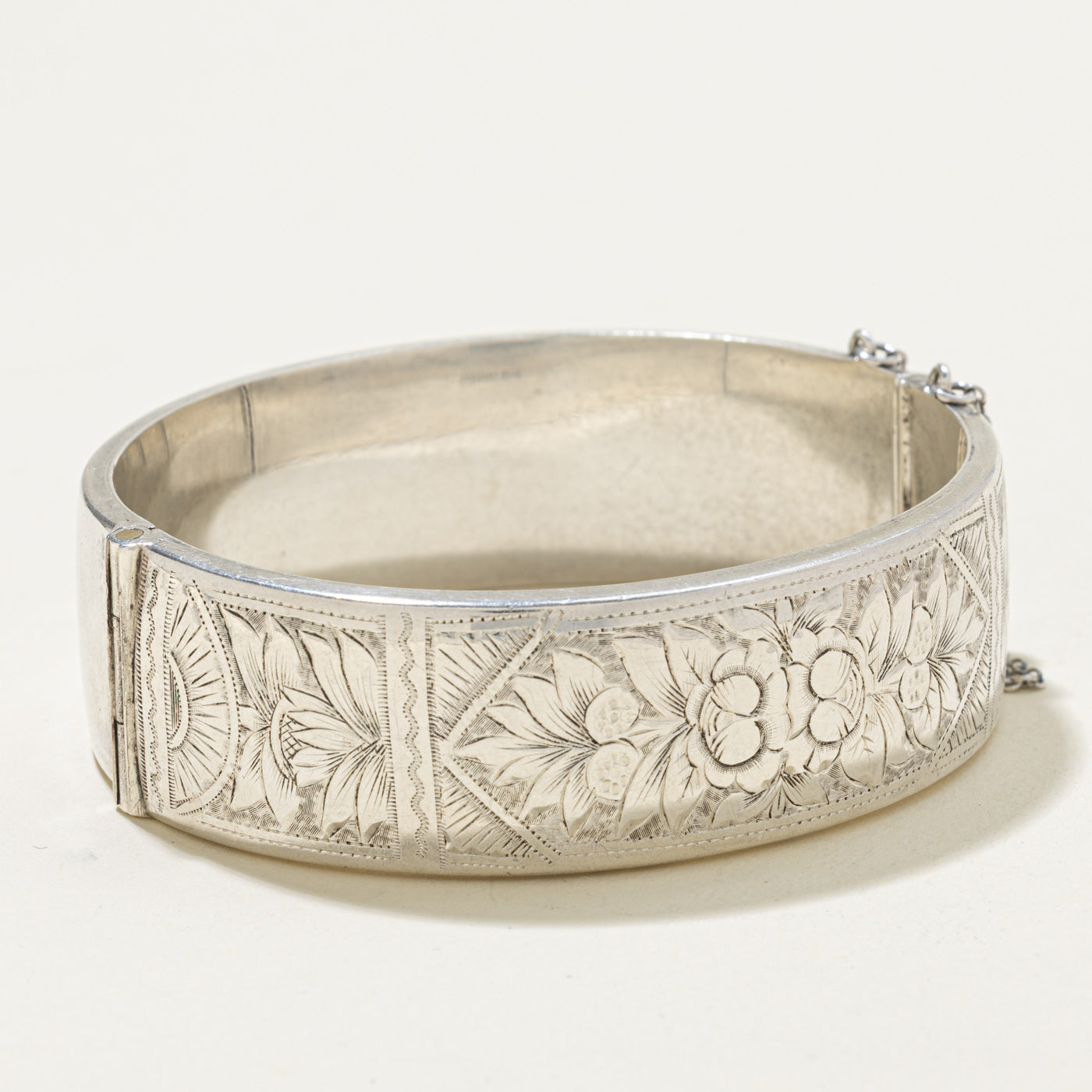 ‘Birks’ Sterling Silver Floral Engraved Bangle Bracelet | 7"