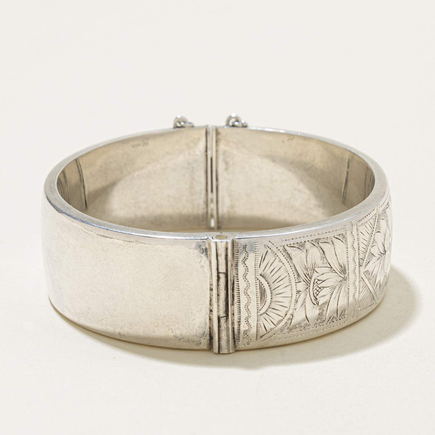 ‘Birks’ Sterling Silver Floral Engraved Bangle Bracelet | 7"