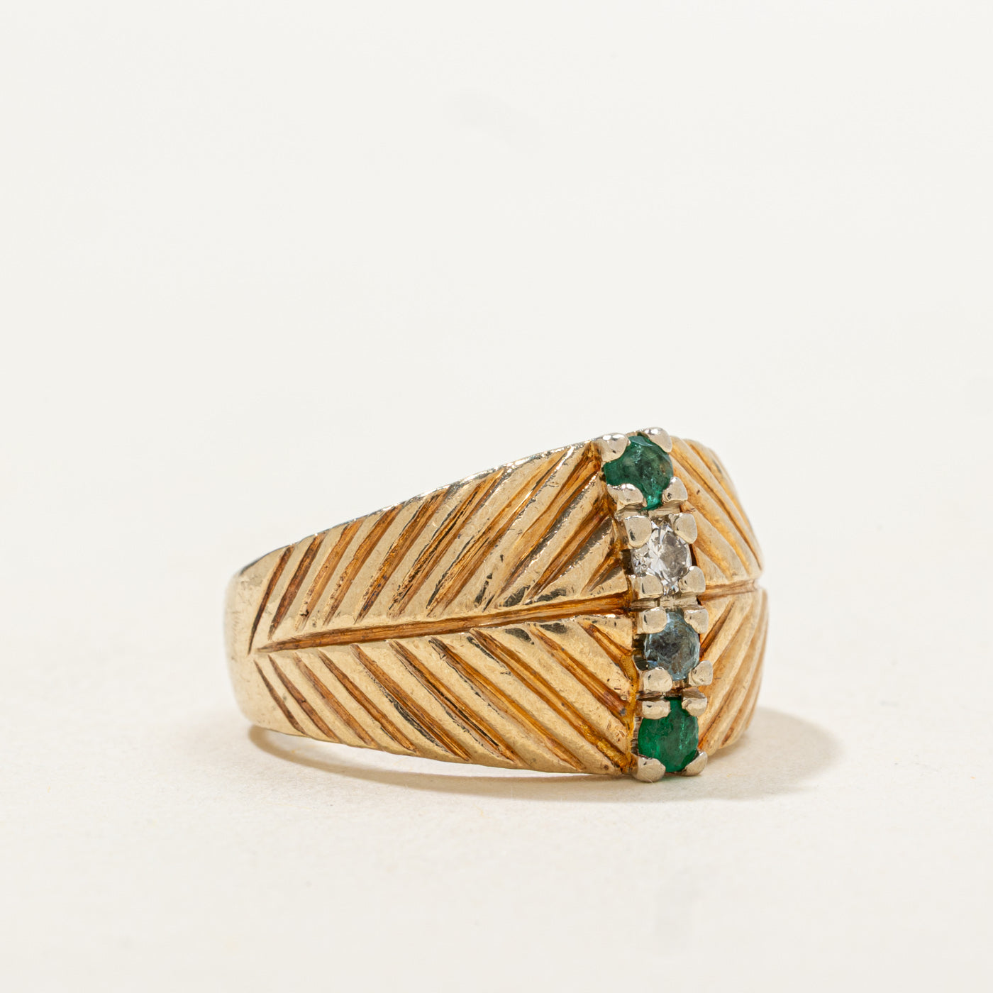 Emerald, Aquamarine & Diamond Column Textured Band | 0.22, 0.08ctw | SZ 6.5 |