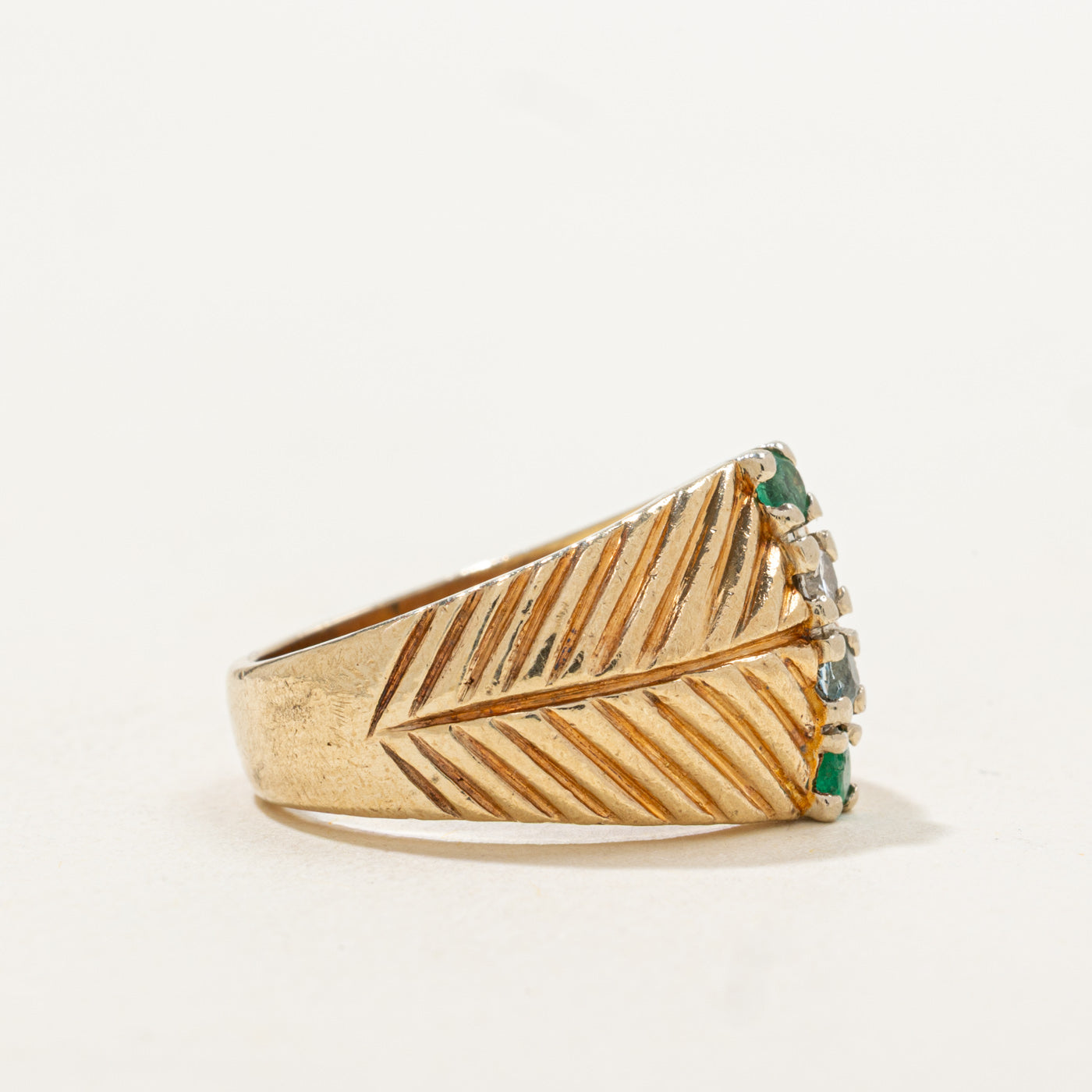 Emerald, Aquamarine & Diamond Column Textured Band | 0.22, 0.08ctw | SZ 6.5 |