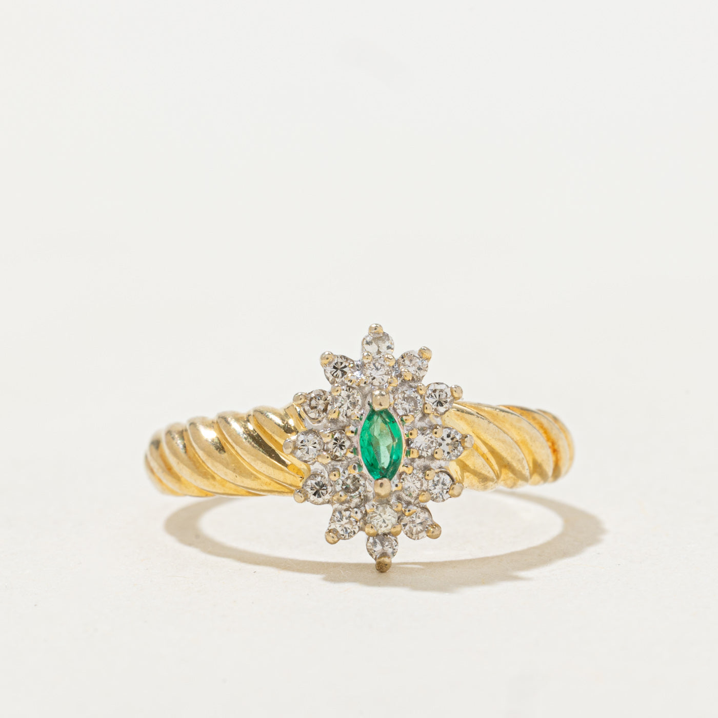 Emerald & Diamond Cluster Petal Twisted Ring | 0.1ctw | SZ 6.5 |