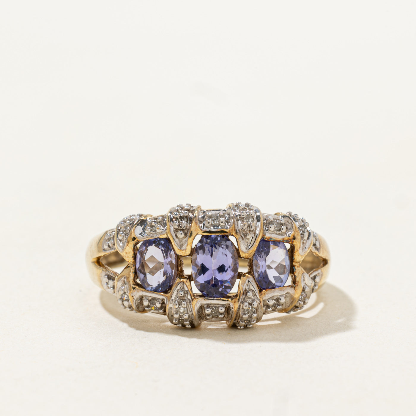 Three Stone Tanzanite & Diamond Accented Ring | 1.0ctw, 0.16ctw | SZ 9.0 |