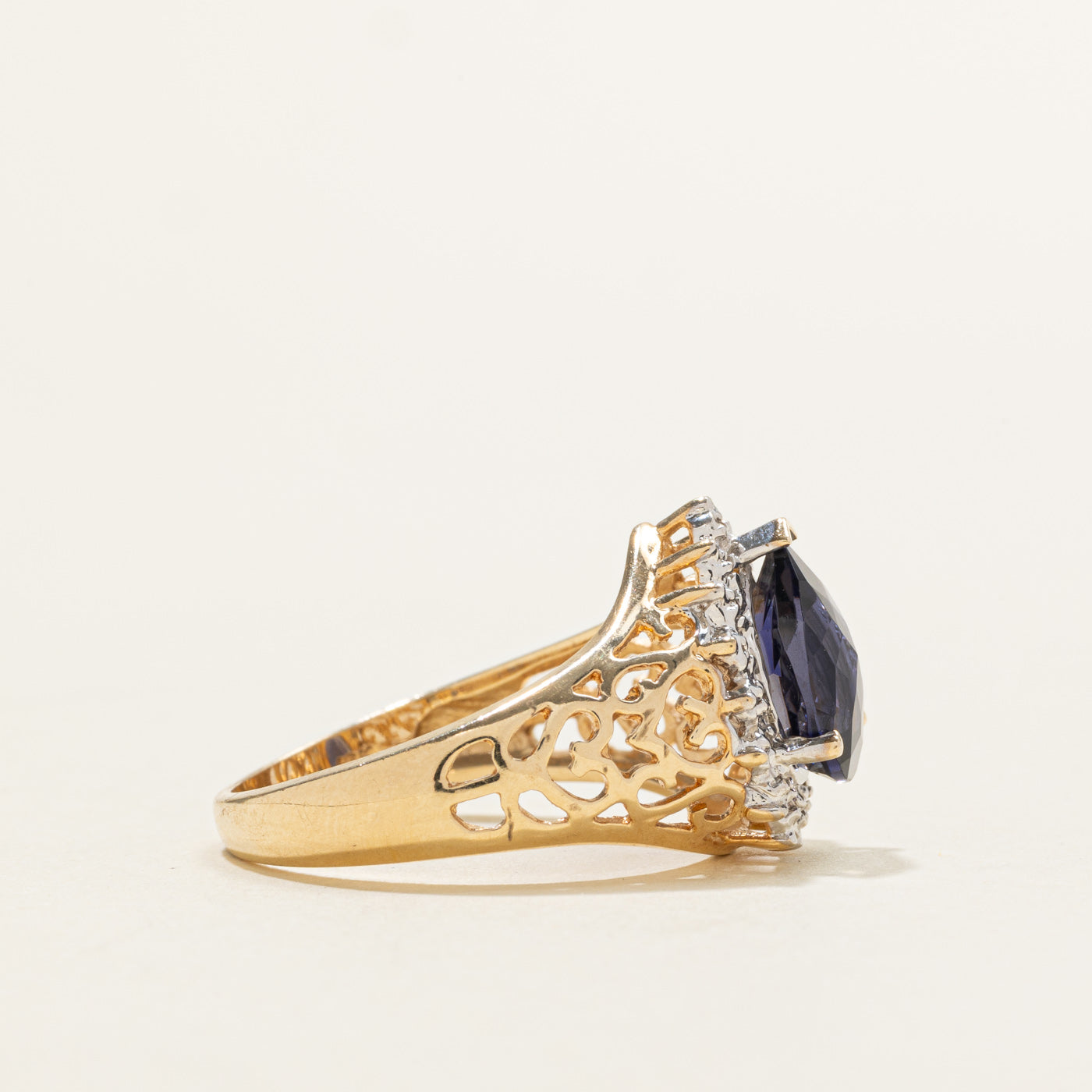 Pear Cut Iolite & Diamond Halo Openwork Ring | 1.82ct, 0.08ctw | SZ 8.0