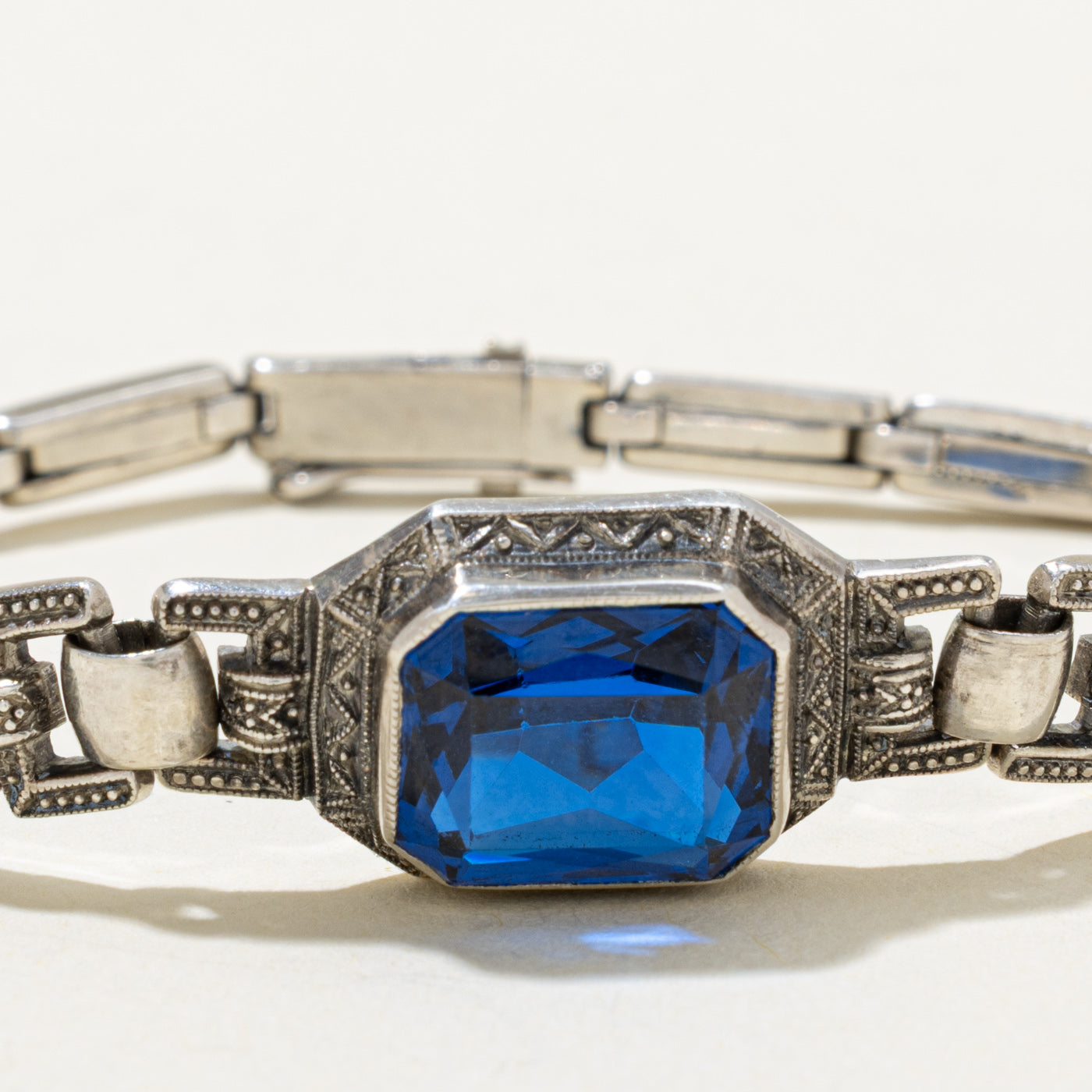 Sterling Silver Synthetic Spinel Engraved Bracelet | 6.00ct | 6.5"