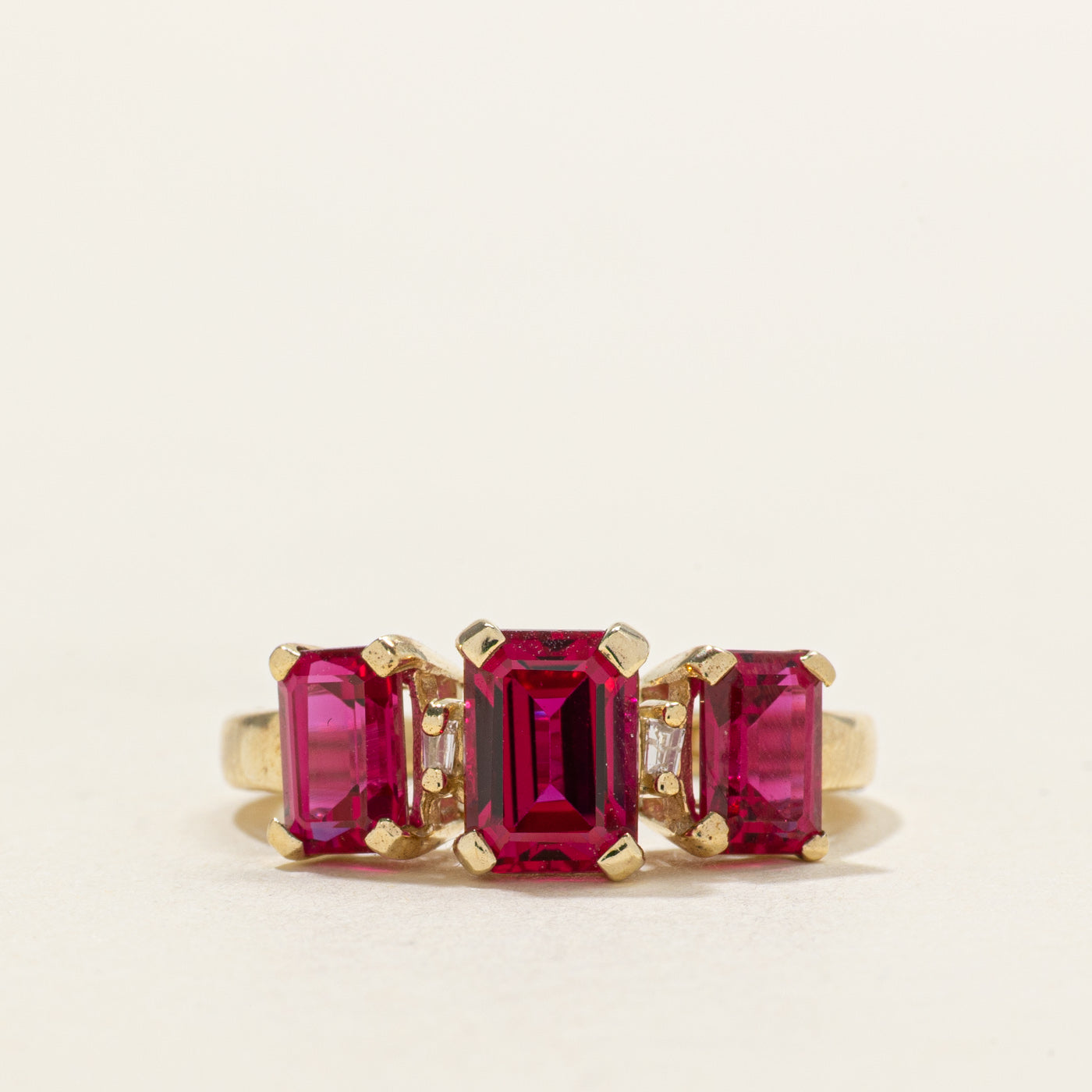 Three Stone Synthetic Ruby & Natural Diamond Accented Ring | 2.80ctw, 0.08ctw | SZ 5.25