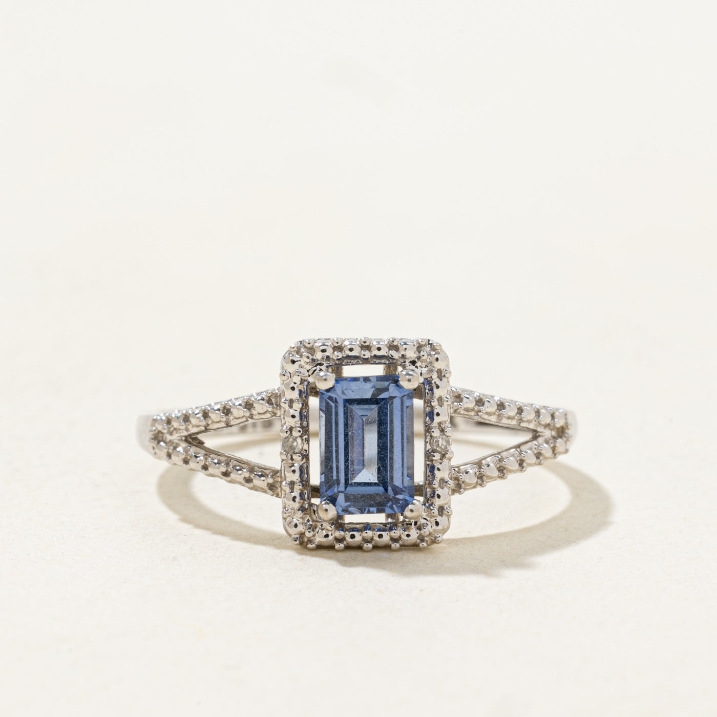 Emerald Cut Synthetic Sapphire & Diamond Halo Ring | 0.7ct, 0.01ctw | SZ 7.0 |