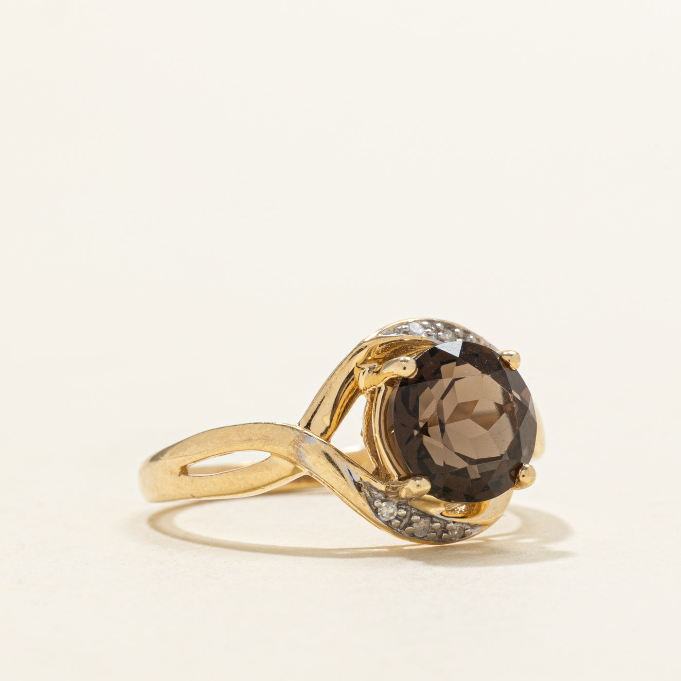 Round Cut Smoky Quartz & Diamond Cross Over Ring | 1.50ct, 0.03ct | SZ 7.0
