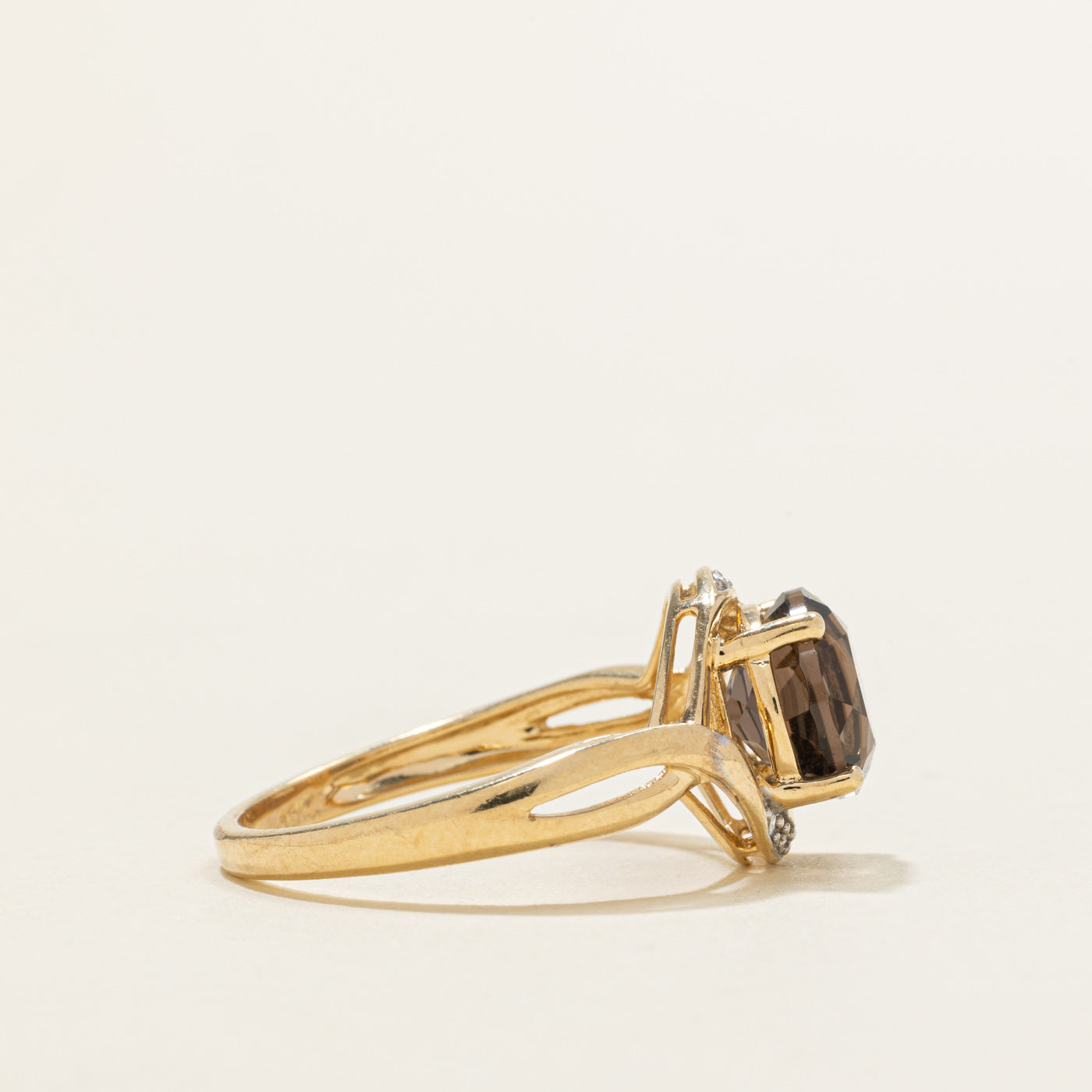 Round Cut Smoky Quartz & Diamond Cross Over Ring | 1.50ct, 0.03ct | SZ 7.0