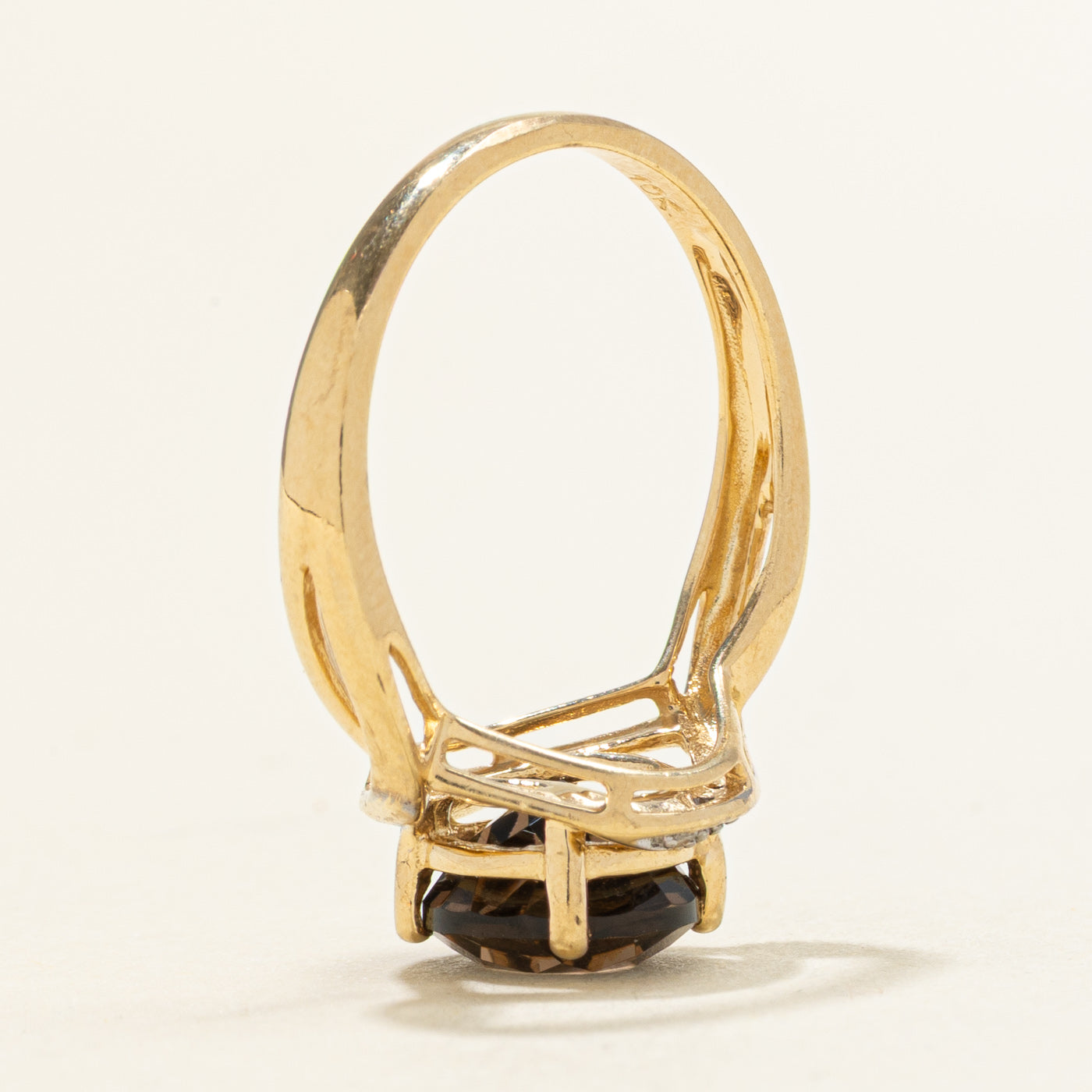 Round Cut Smoky Quartz & Diamond Cross Over Ring | 1.50ct, 0.03ct | SZ 7.0
