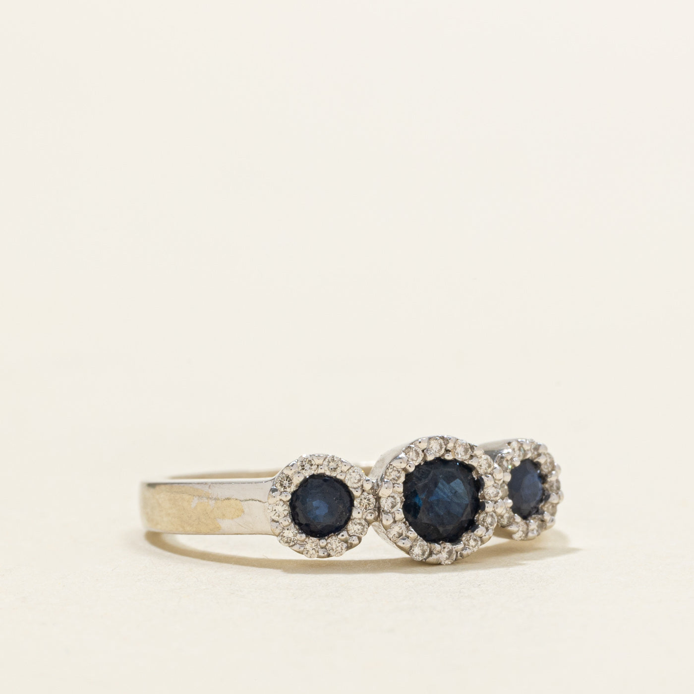 Three Stone Sapphire & Diamond Halo Ring | SZ 4.75