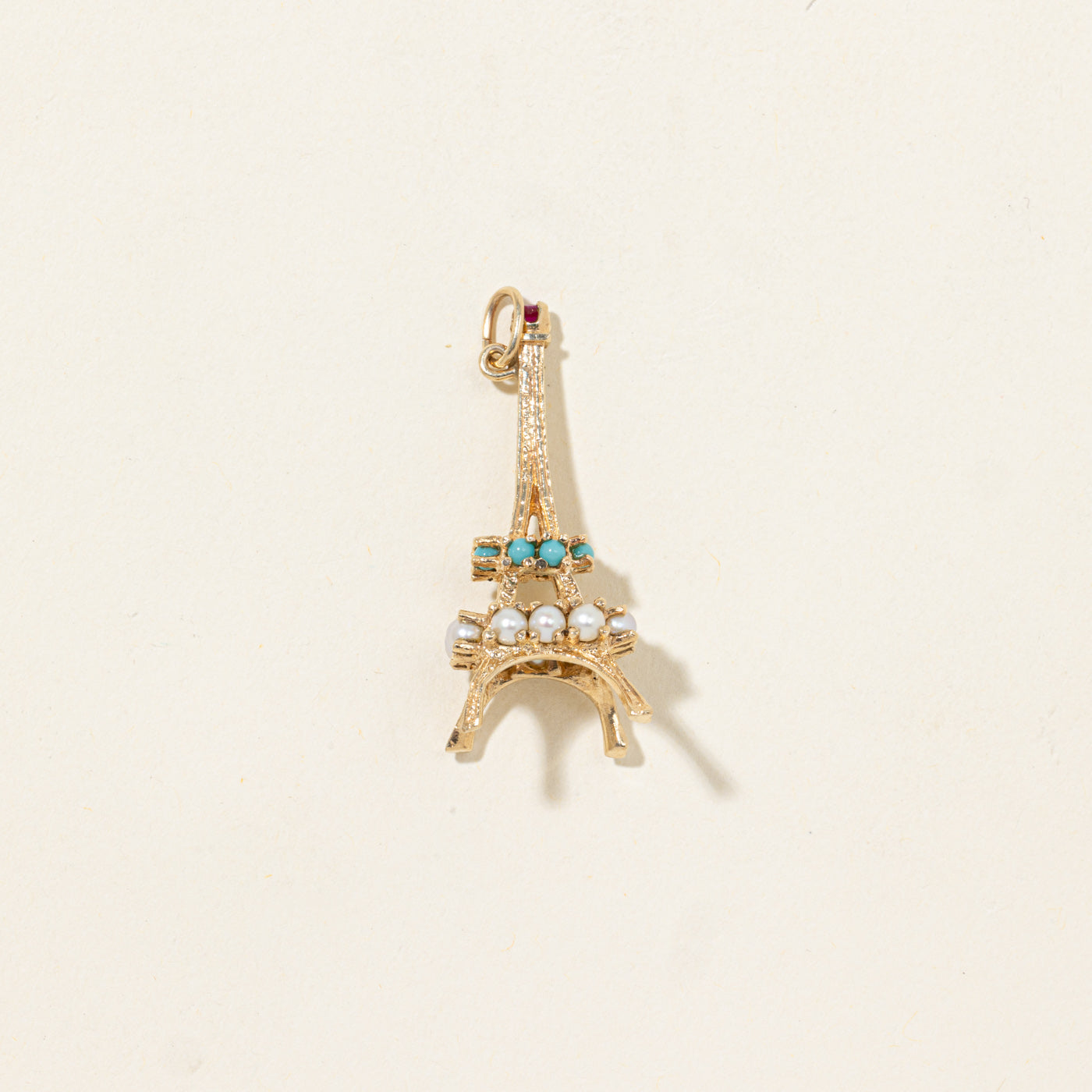 Ruby, Turquoise & Pearl Eiffel Tower Charm | 0.58ctw
