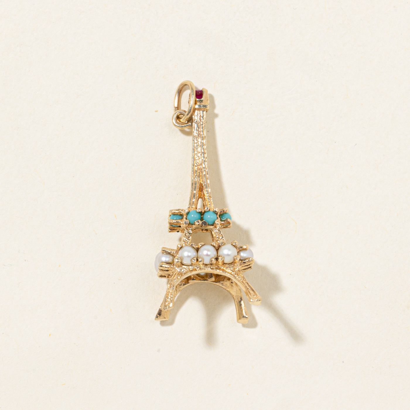 Ruby, Turquoise & Pearl Eiffel Tower Charm | 0.58ctw