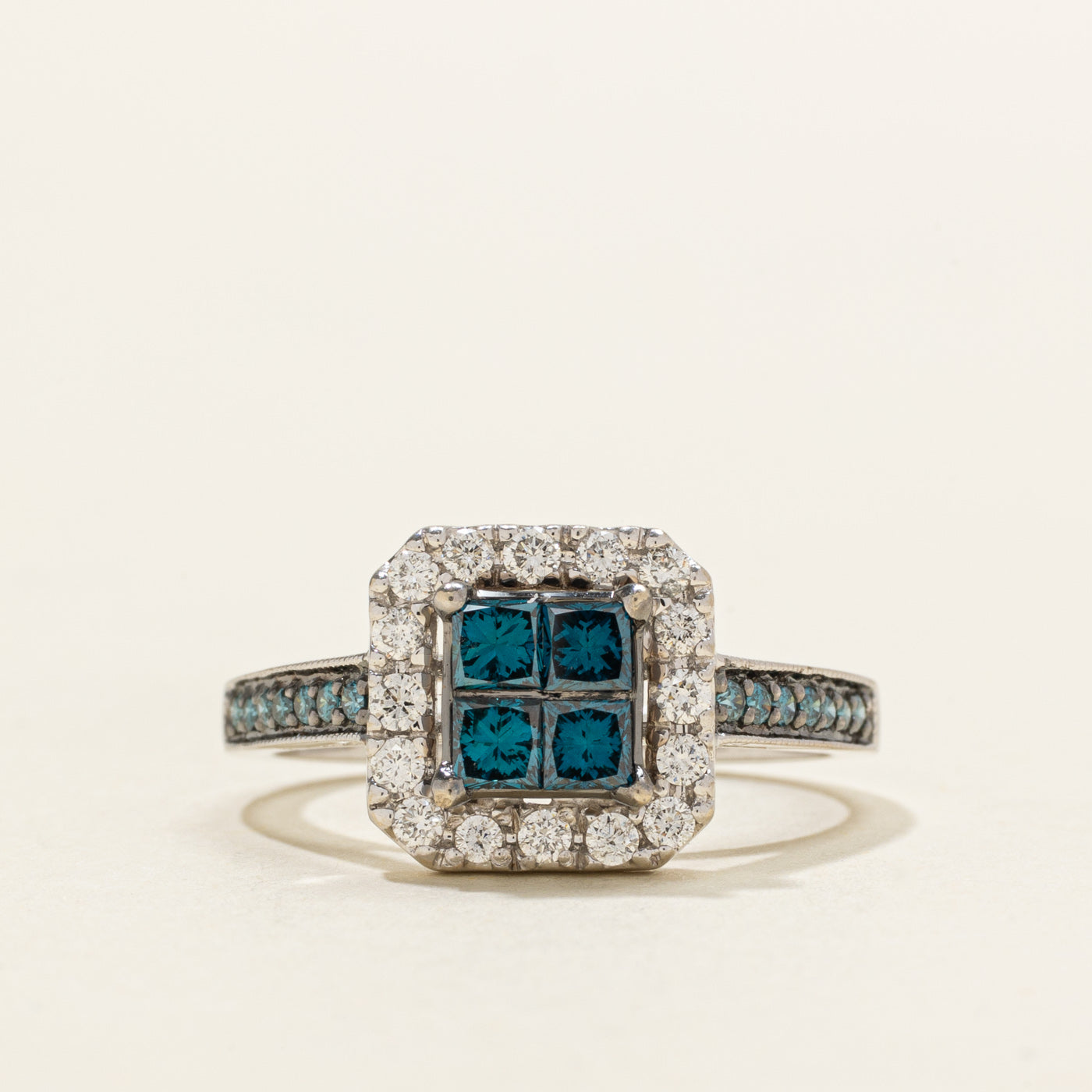 Blue & White Diamond Halo Grid Ring | 0.92ctw | SZ 7.5