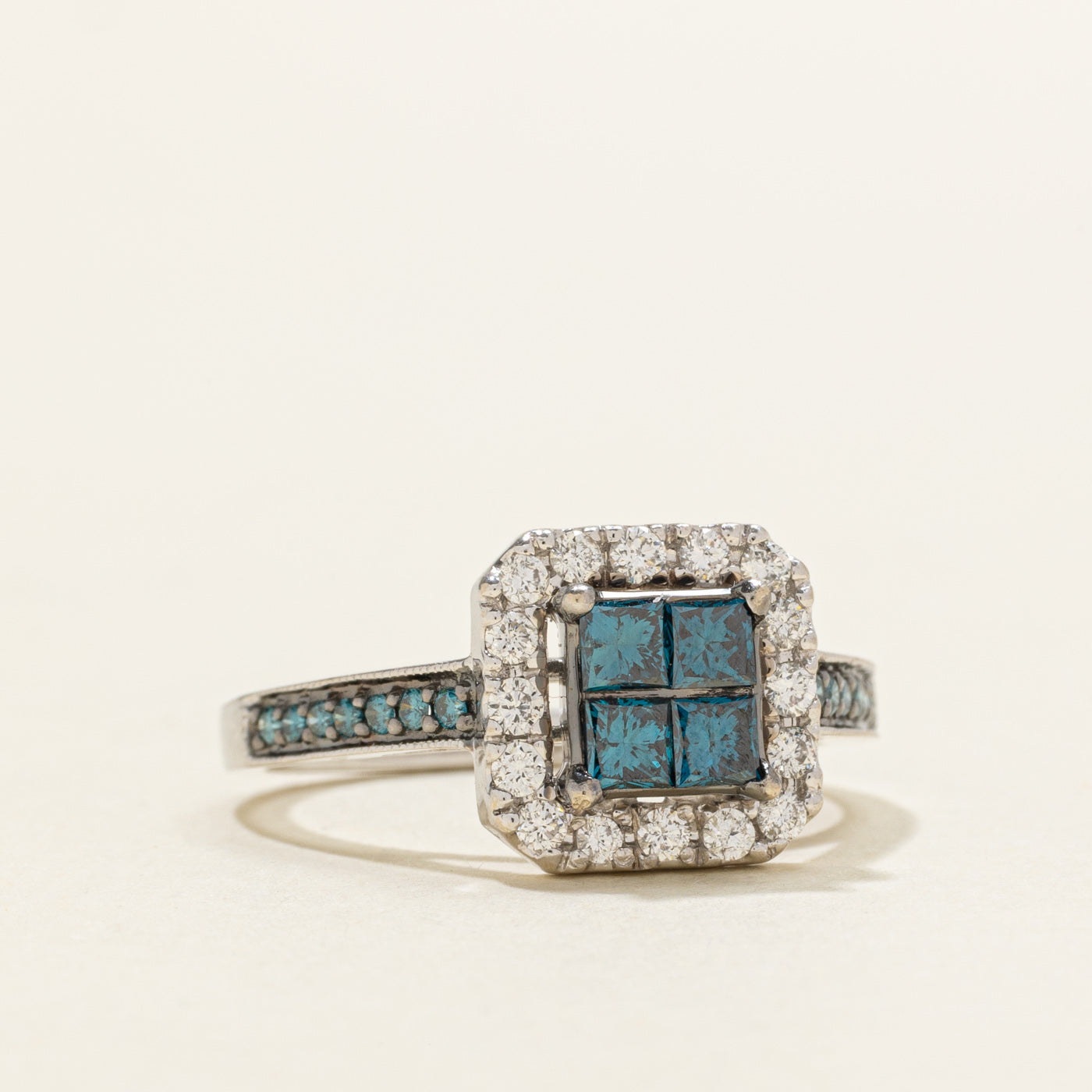 Blue & White Diamond Halo Grid Ring | 0.92ctw | SZ 7.5