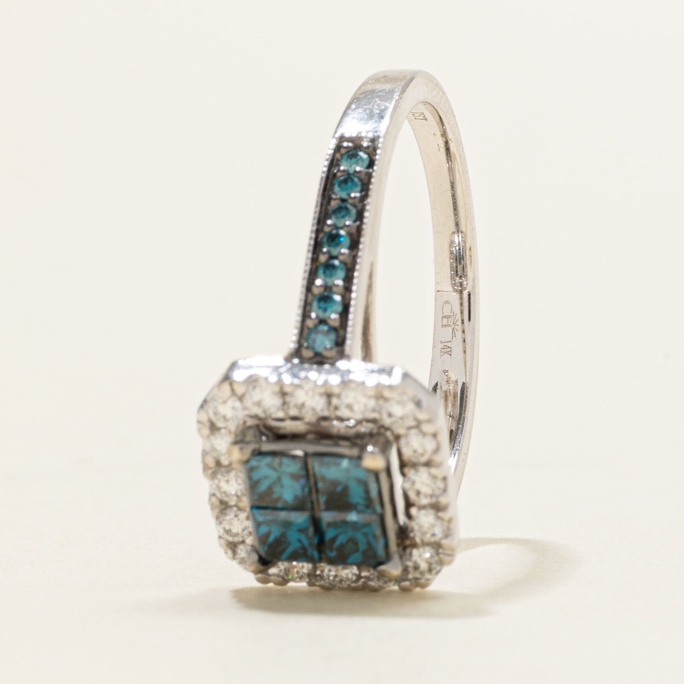 Blue & White Diamond Halo Grid Ring | 0.92ctw | SZ 7.5