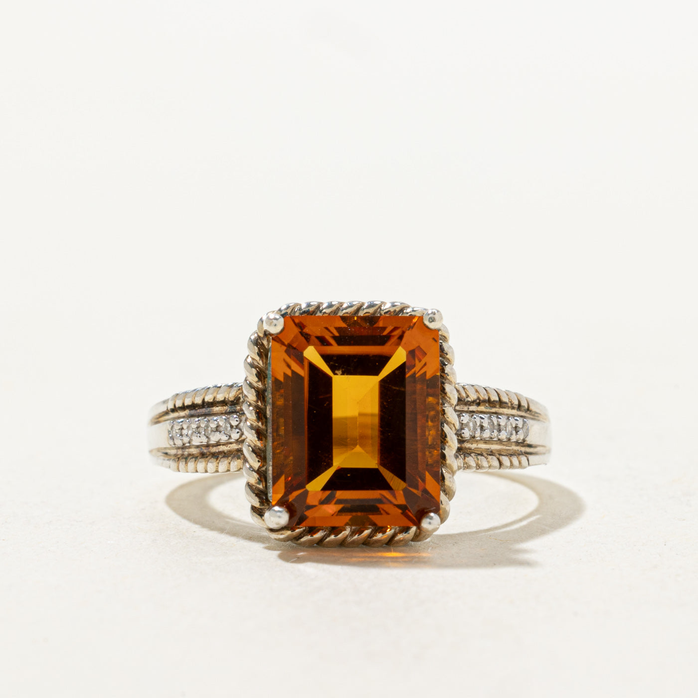Emerald Cut Citrine & Diamond Rope Ring | 3.10ct | SZ 7.0 |