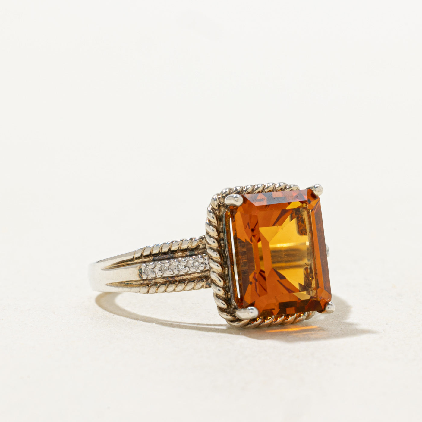 Emerald Cut Citrine & Diamond Rope Ring | 3.10ct | SZ 7.0 |