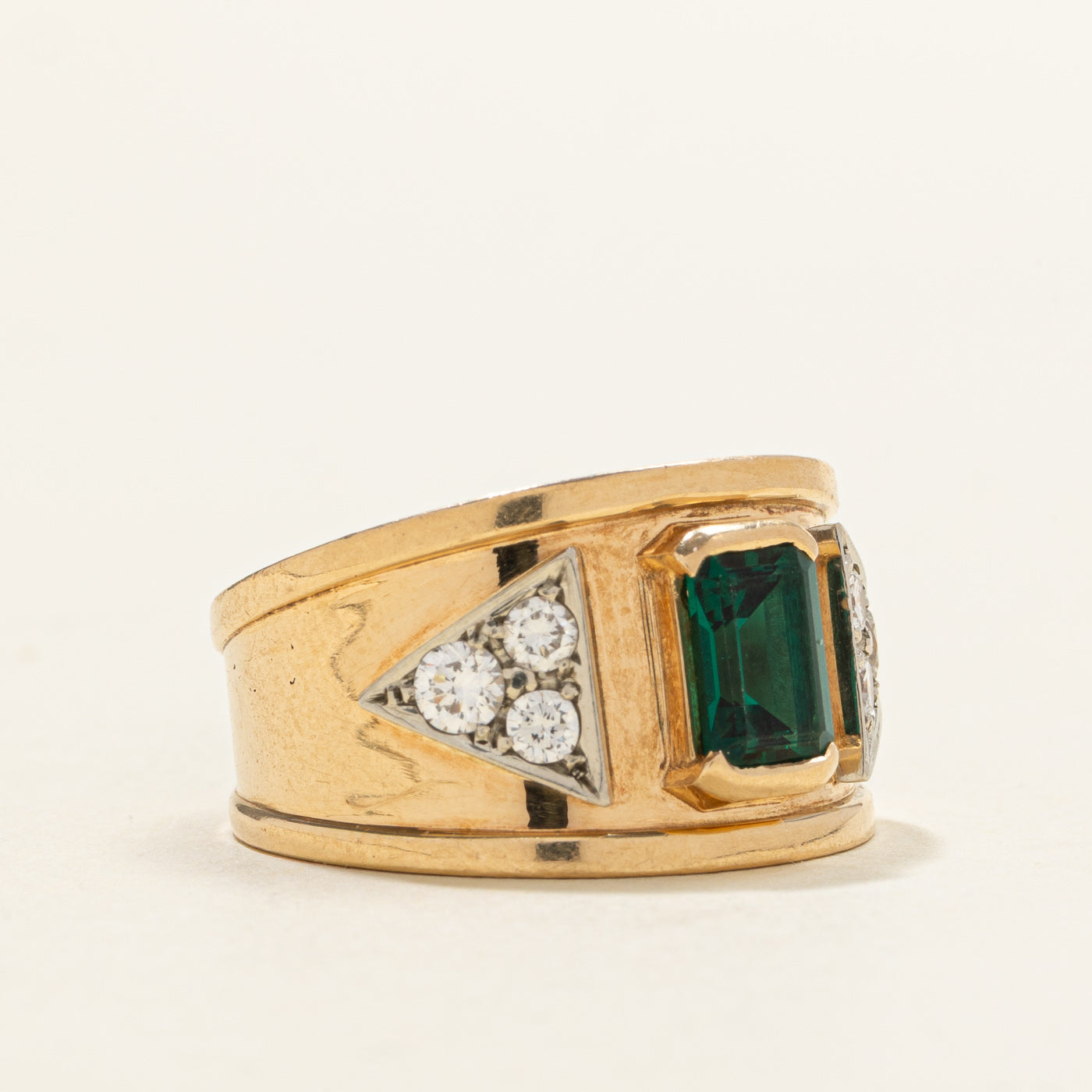 Synthetic Emerald & Diamond Geometric Cigar Band | 0.70ct, 0.22ctw | SZ 7.0