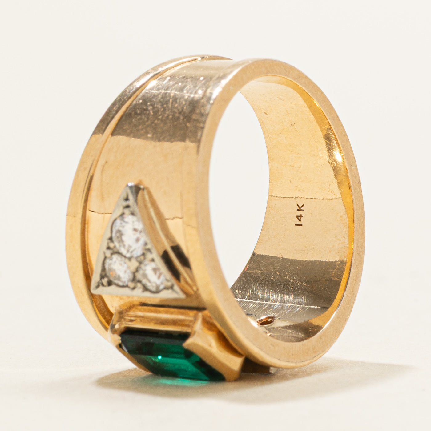 Synthetic Emerald & Diamond Geometric Cigar Band | 0.70ct, 0.22ctw | SZ 7.0
