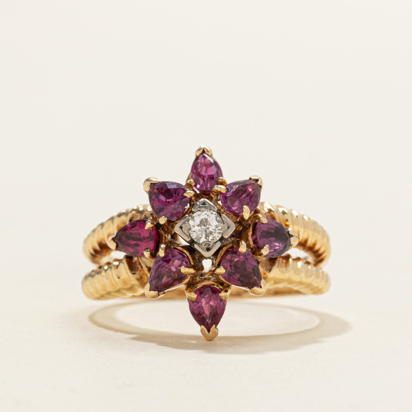 Diamond & Ruby Flower Cluster Ring | 0.12ct, 0.66ctw | SZ 7.75