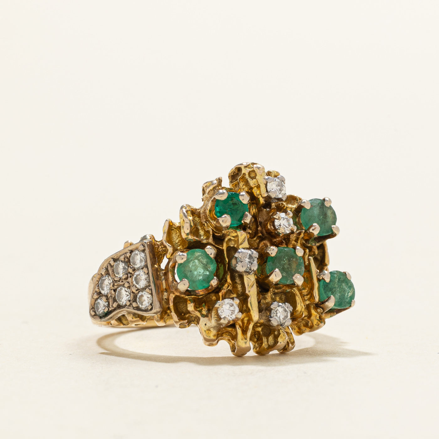 Emerald & Diamond Cluster Textured Cocktail Ring | 0.55ctw, 0.18ctw | SZ 5.25