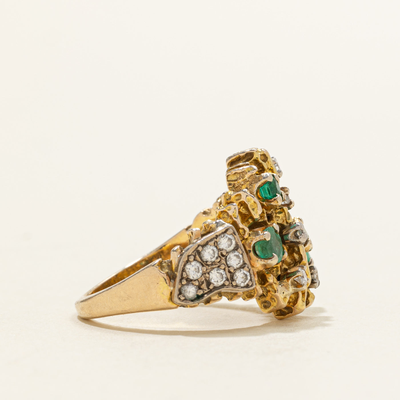 Emerald & Diamond Cluster Textured Cocktail Ring | 0.55ctw, 0.18ctw | SZ 5.25