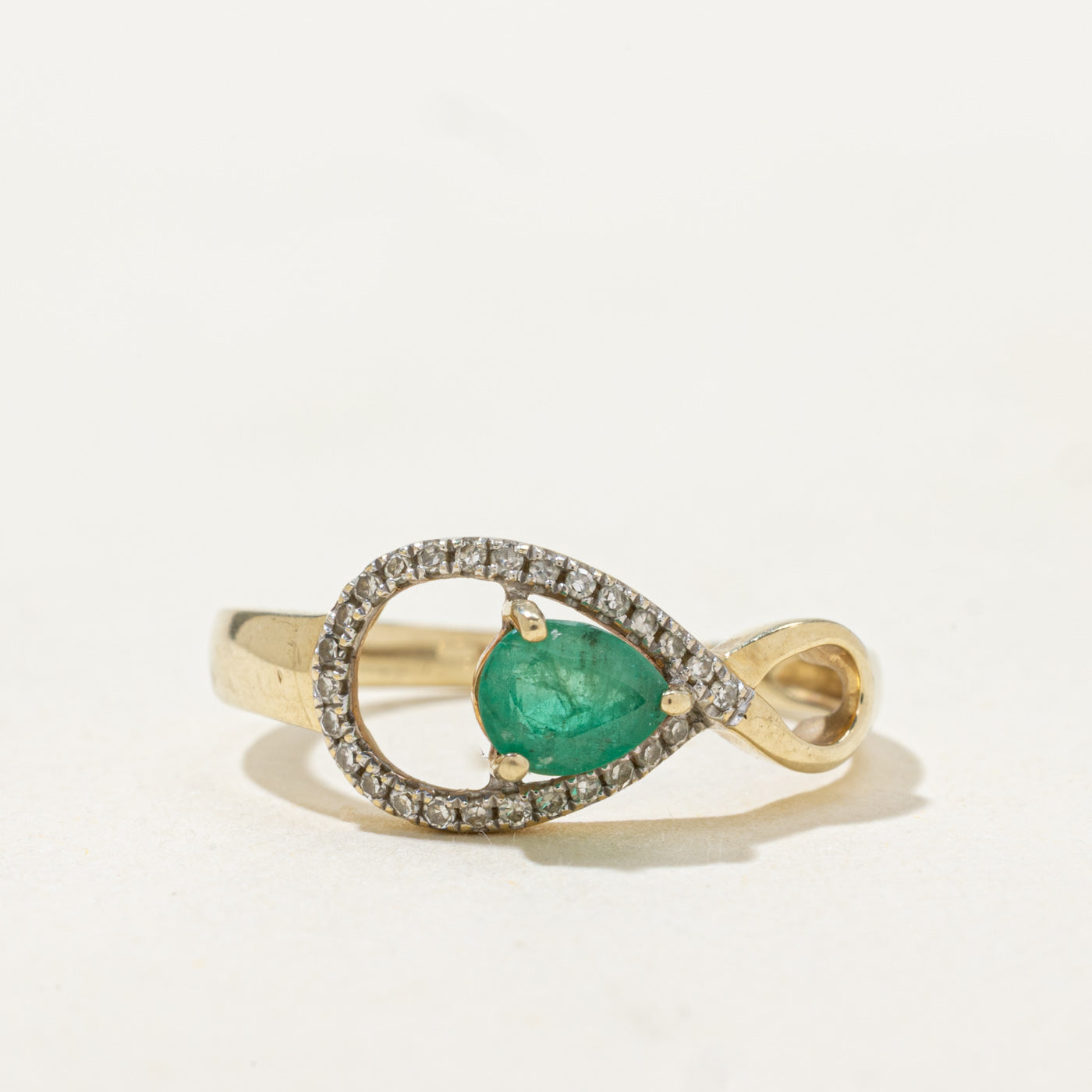 Pear Cut Emerald & Diamond Infinity Buckle Ring | 0.30ct, 0.028ctw | SZ 5.0 |