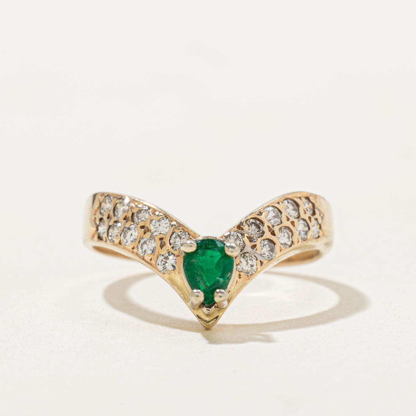 Pear Cut Emerald & Diamond Chevron Ring | 0.22ct, 0.3ctw | SZ 6.0 |