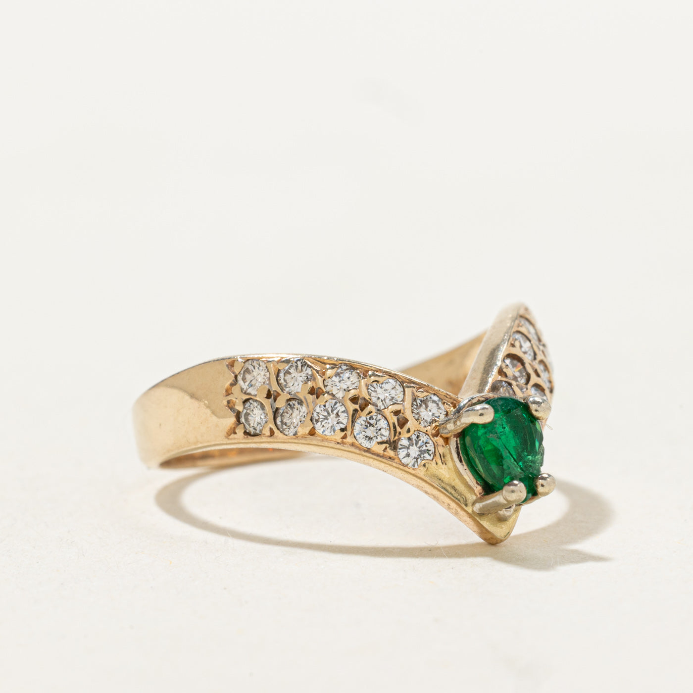 Pear Cut Emerald & Diamond Chevron Ring | 0.22ct, 0.3ctw | SZ 6.0 |