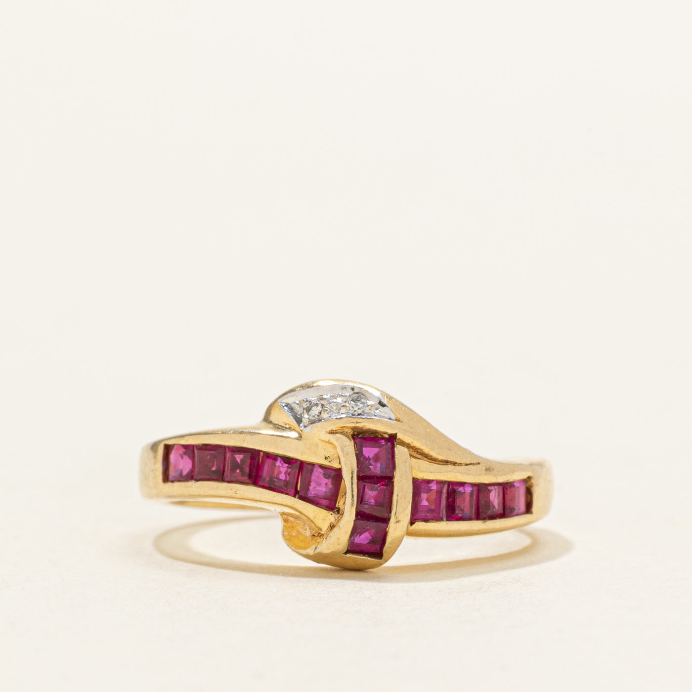 Channel Set Ruby & Diamond Cross Over Ring | 0.21ctw, 0.01ctw | SZ 4.75