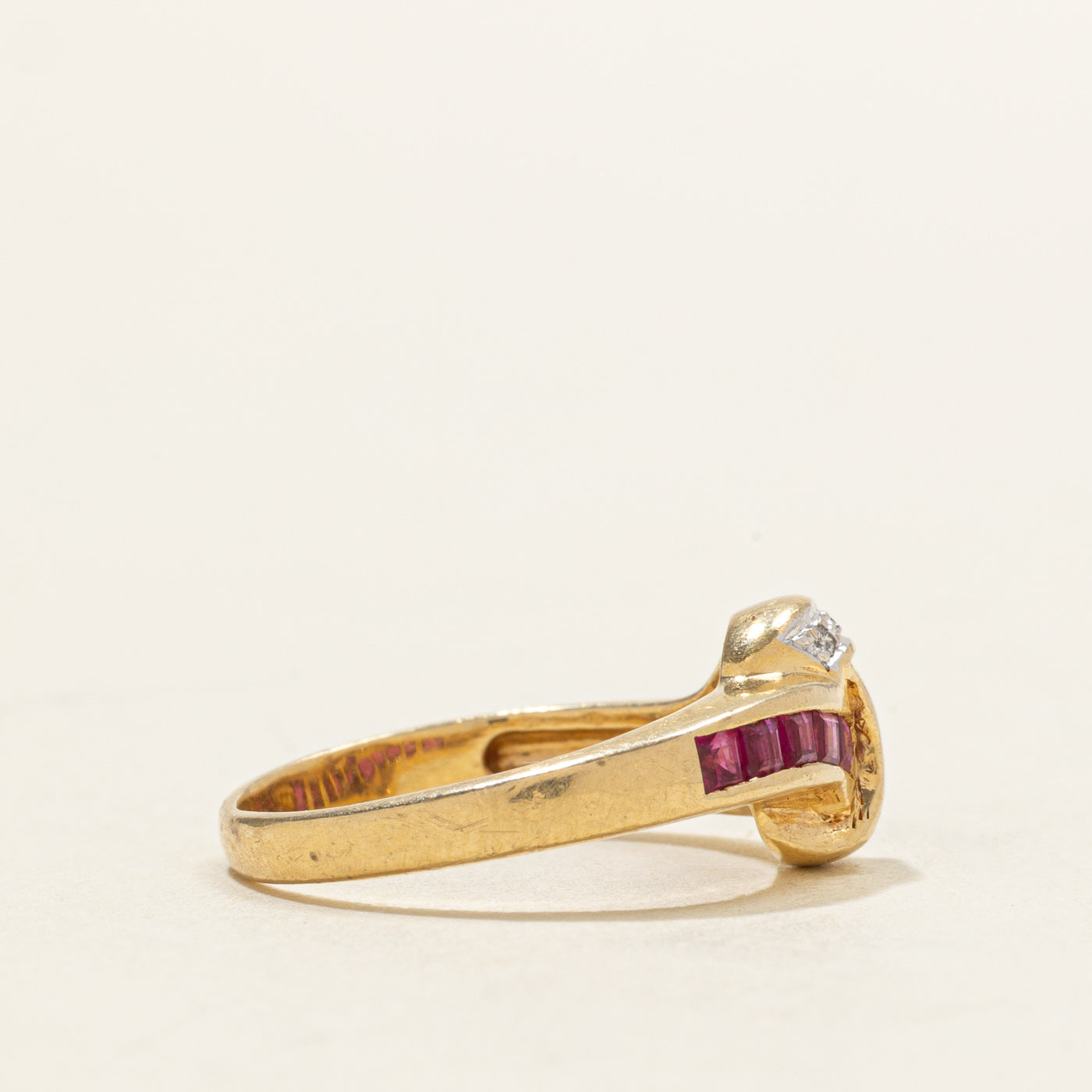 Channel Set Ruby & Diamond Cross Over Ring | 0.21ctw, 0.01ctw | SZ 4.75