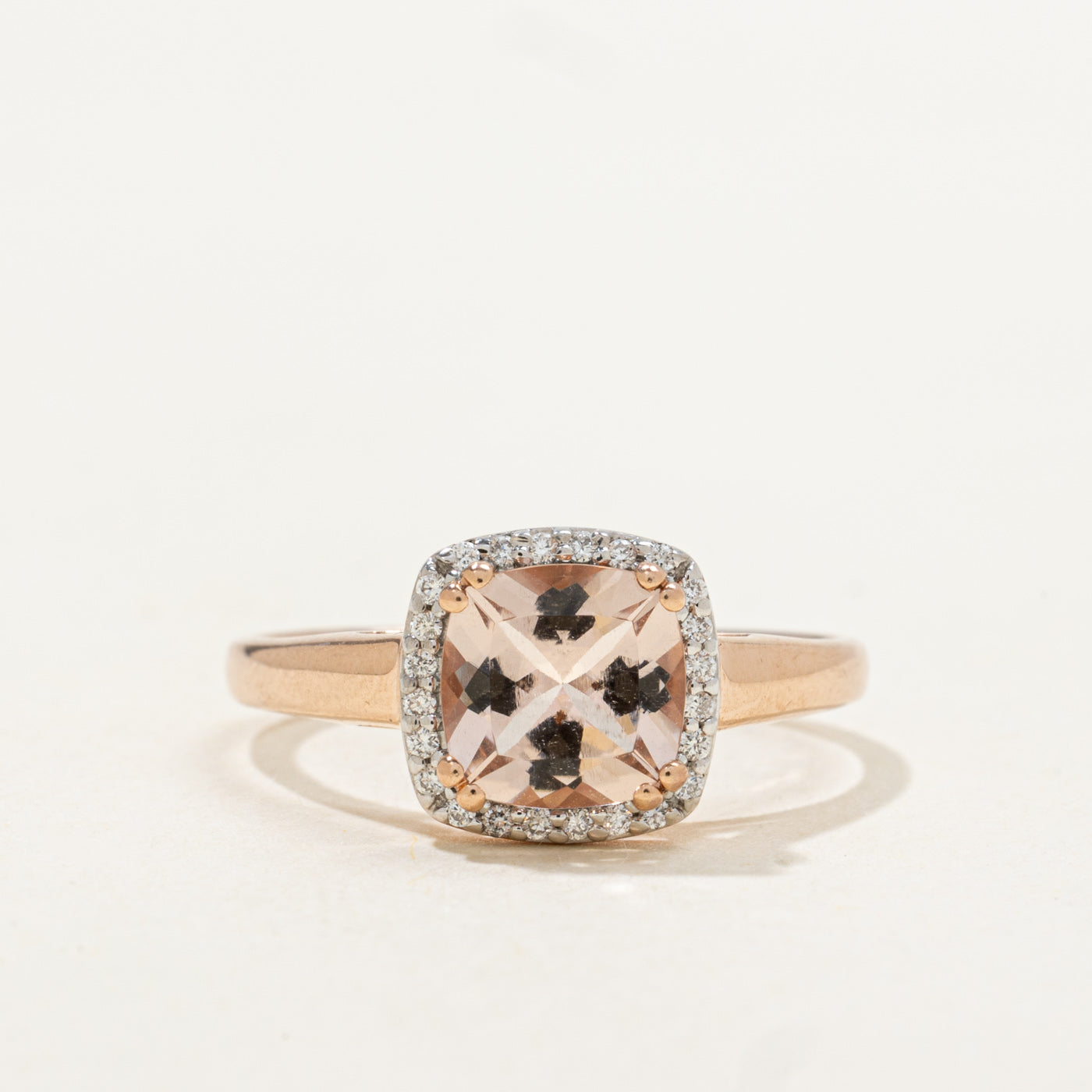 Cushion Cut Morganite & Diamond Halo Ring | 1.02ct, 0.05ctw | SZ 7.0 |