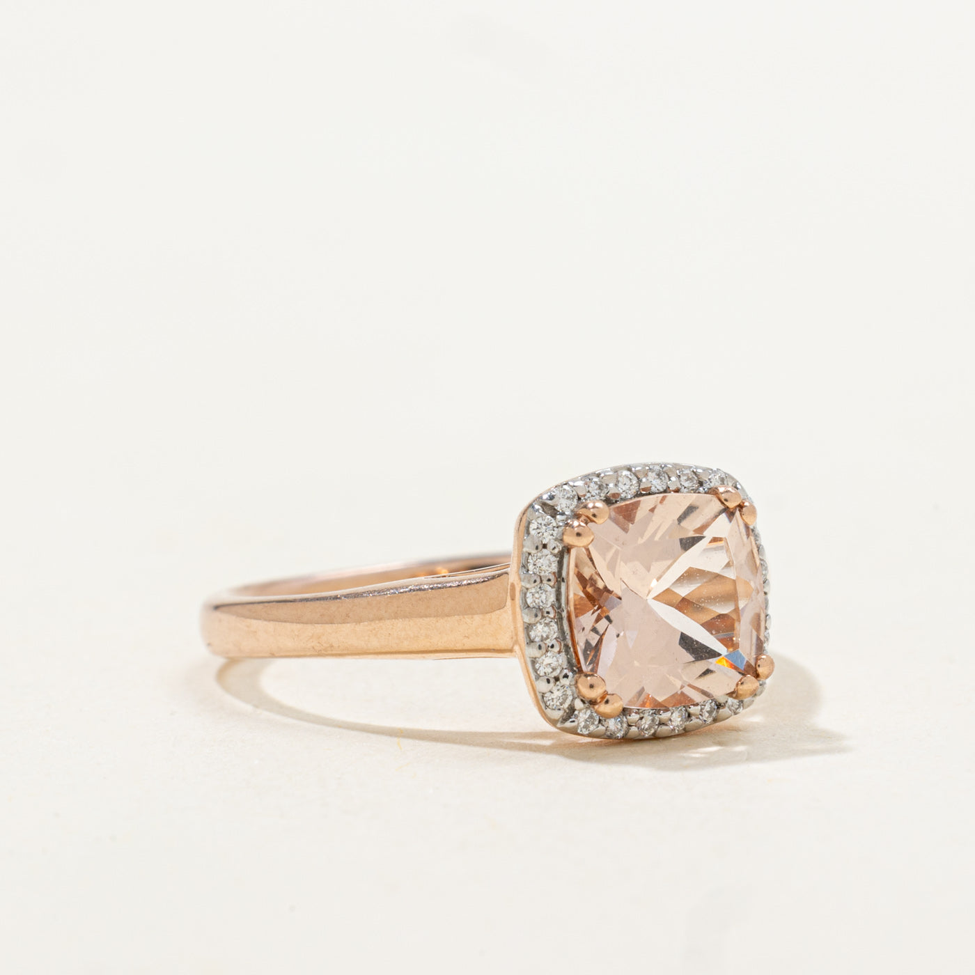 Cushion Cut Morganite & Diamond Halo Ring | 1.02ct, 0.05ctw | SZ 7.0 |