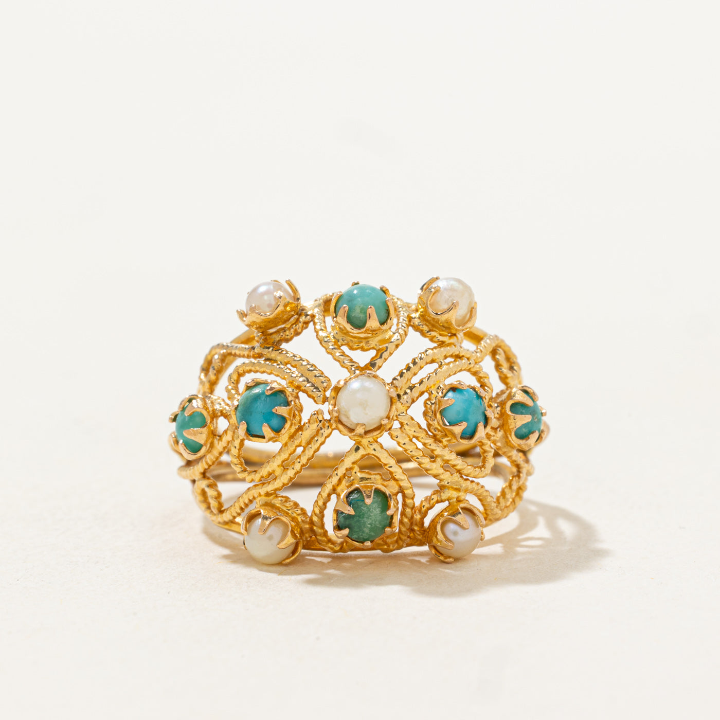 Turquoise & Pearl Openwork Cocktail Ring | 0.42ctw | SZ 4.5 |