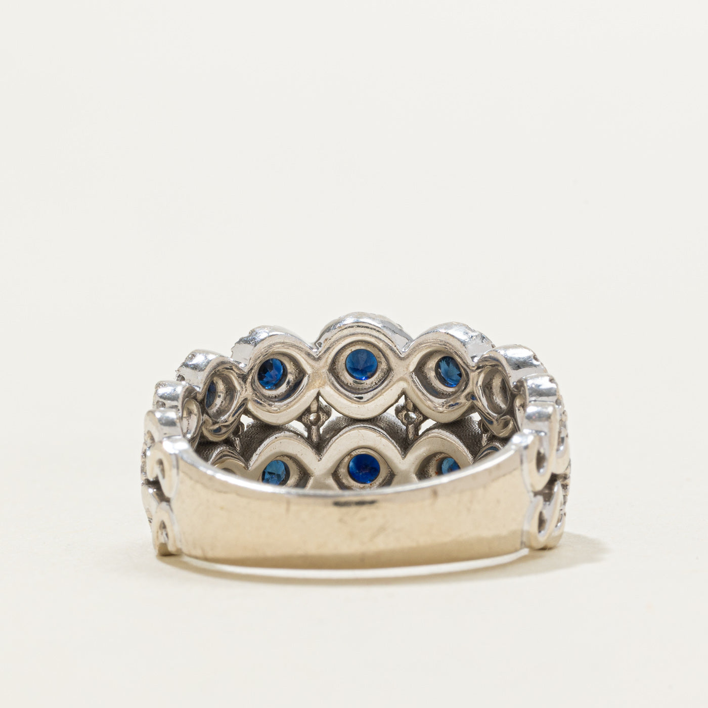 Bague demi-éternité double rangée saphirs et diamants sertis halo | 0,80 ct, 0,50 ct | Taille 7,5