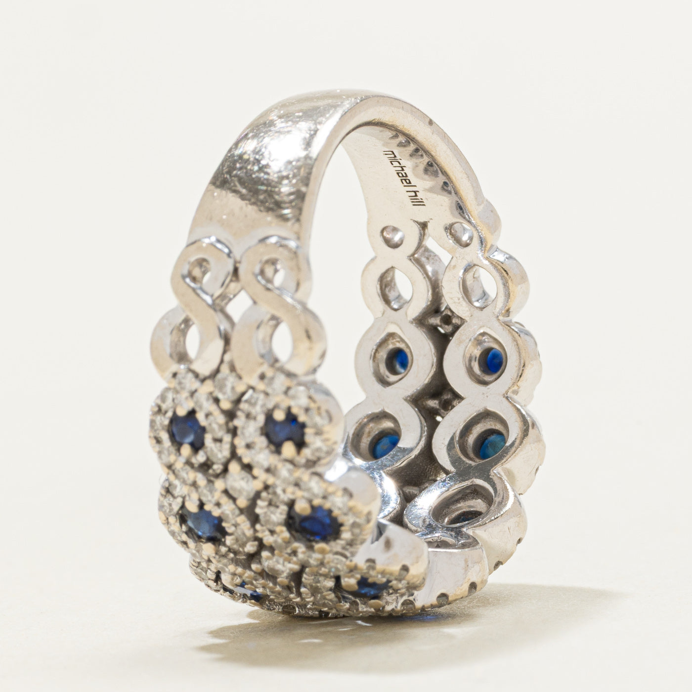 Bague demi-éternité double rangée saphirs et diamants sertis halo | 0,80 ct, 0,50 ct | Taille 7,5