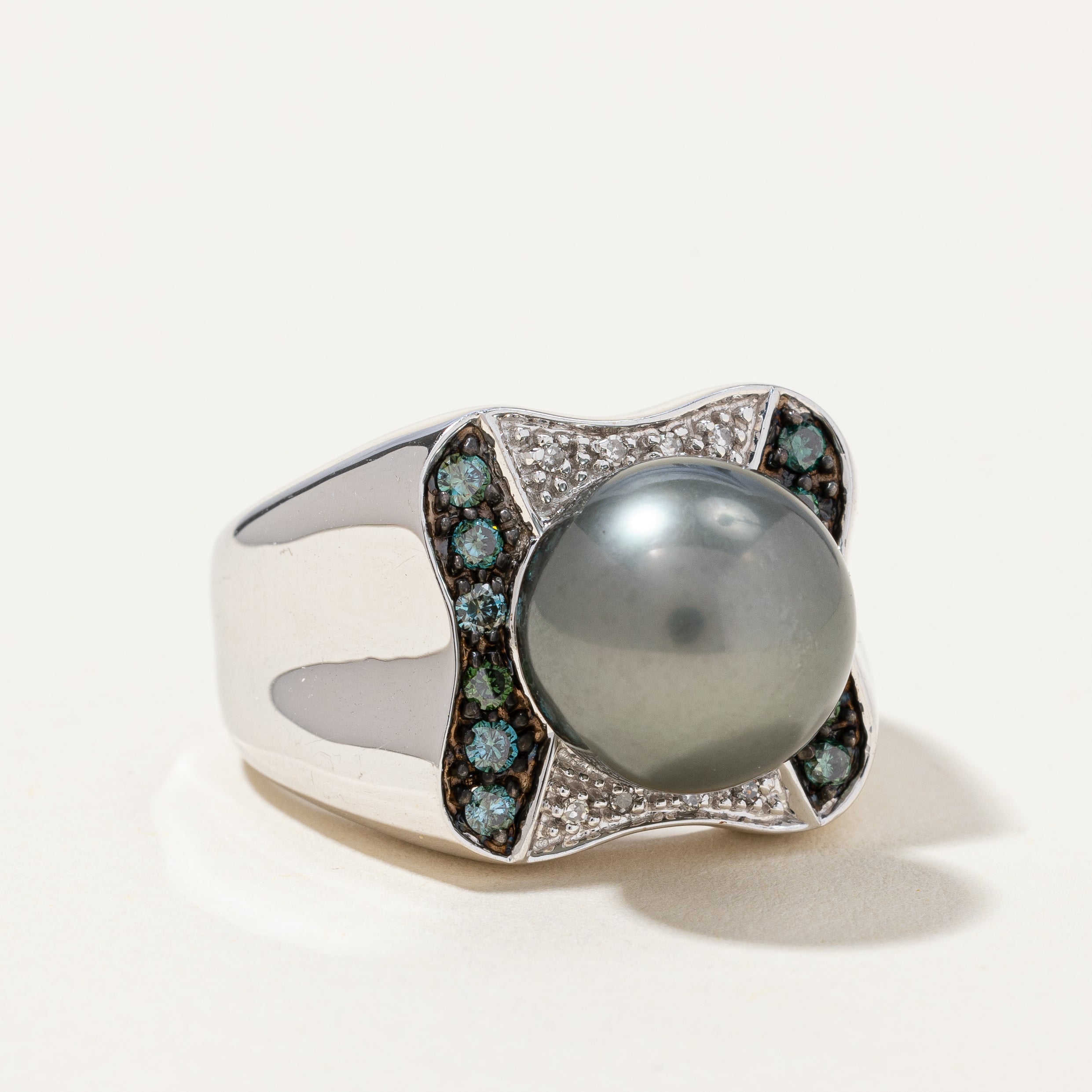 Pearl & Blue Diamond Cocktail Ring | 0.22ctw | SZ 10 |