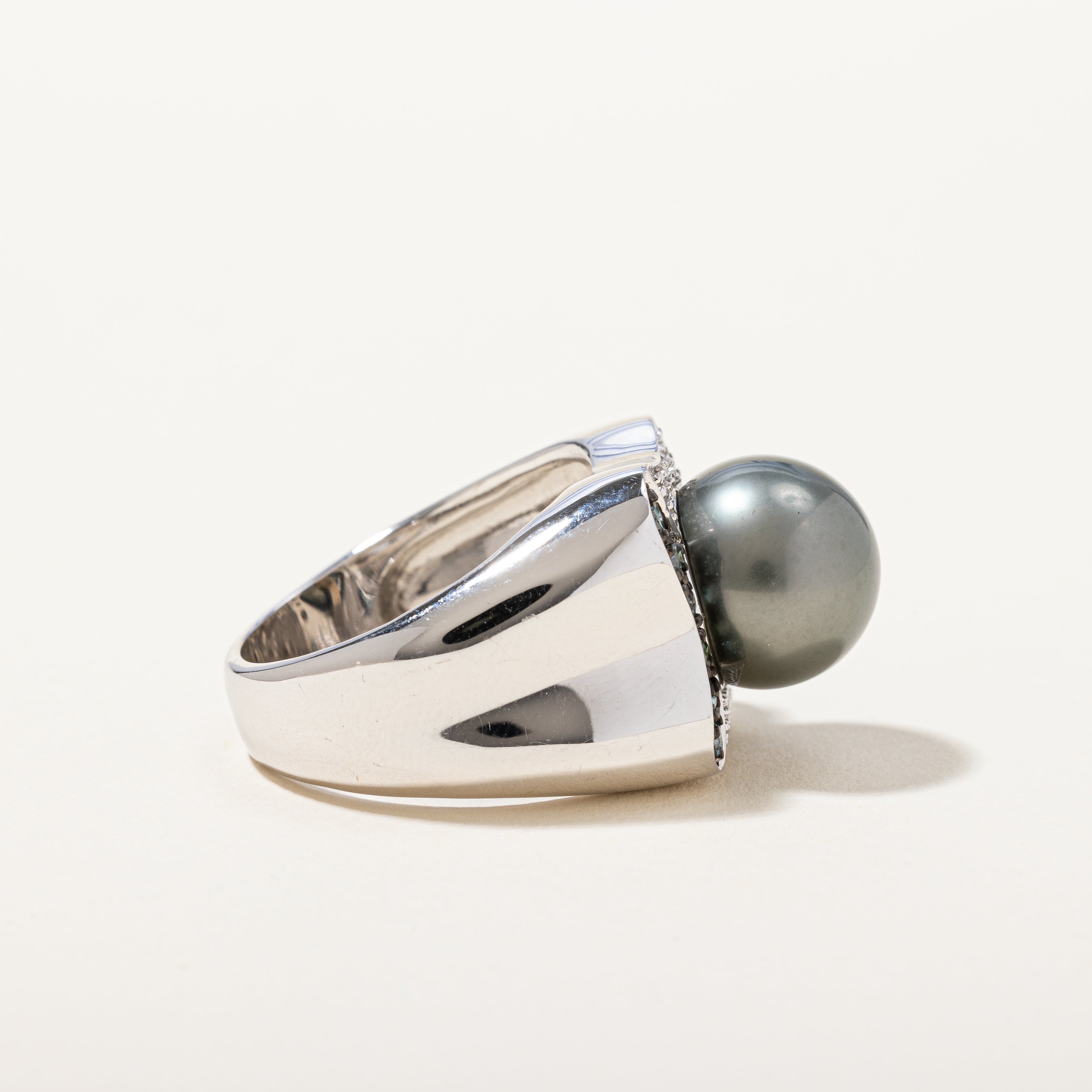 Pearl & Blue Diamond Cocktail Ring | 0.22ctw | SZ 10 |