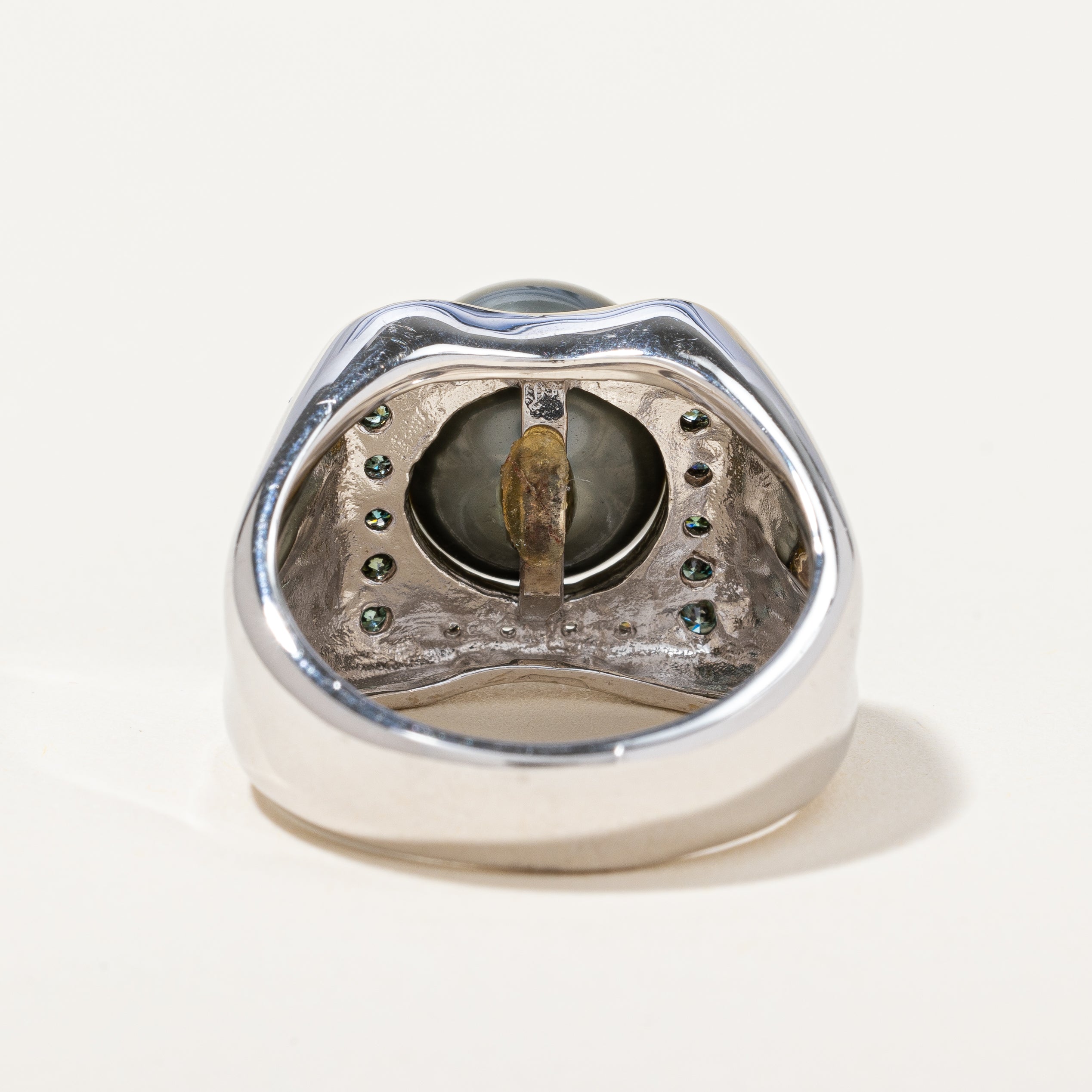 Pearl & Blue Diamond Cocktail Ring | 0.22ctw | SZ 10 |